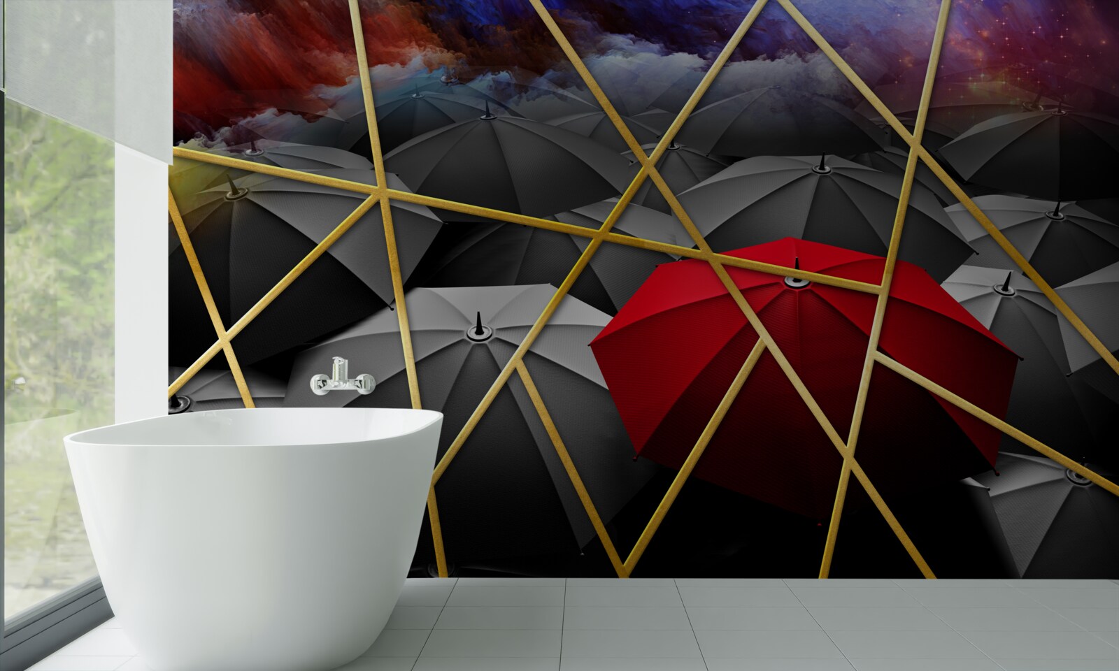 Fotobehang goud gaas op grijze achtergrond geaccentueerd door rode paraplu