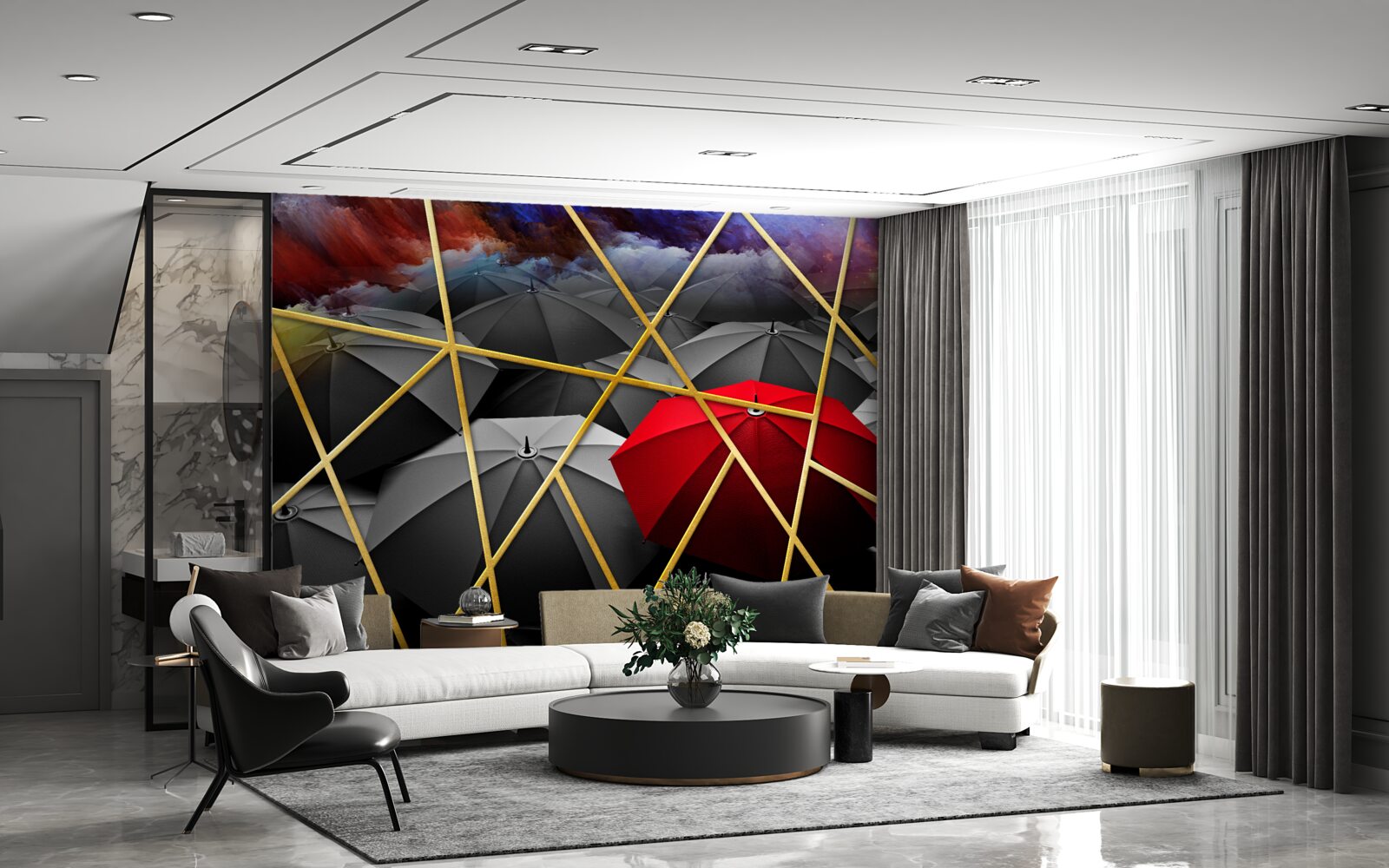 Fotobehang goud gaas op grijze achtergrond geaccentueerd door rode paraplu