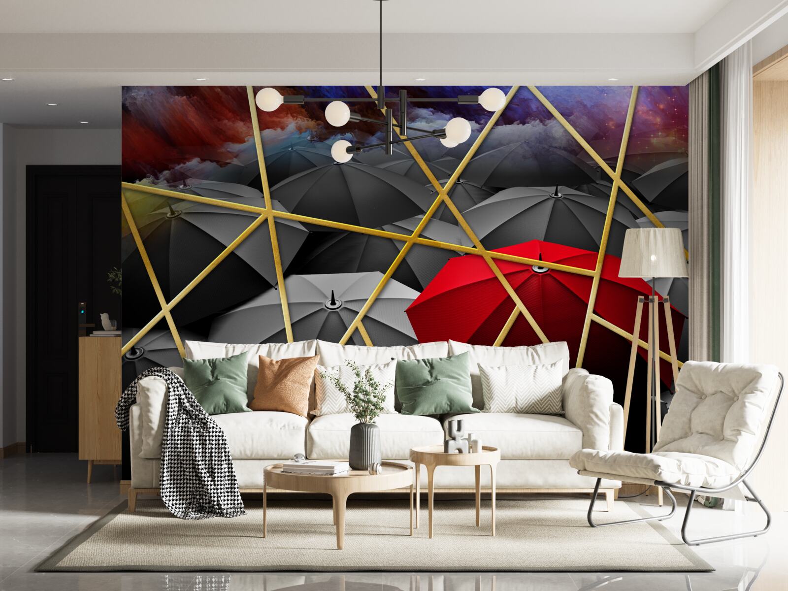 Fotobehang goud gaas op grijze achtergrond geaccentueerd door rode paraplu