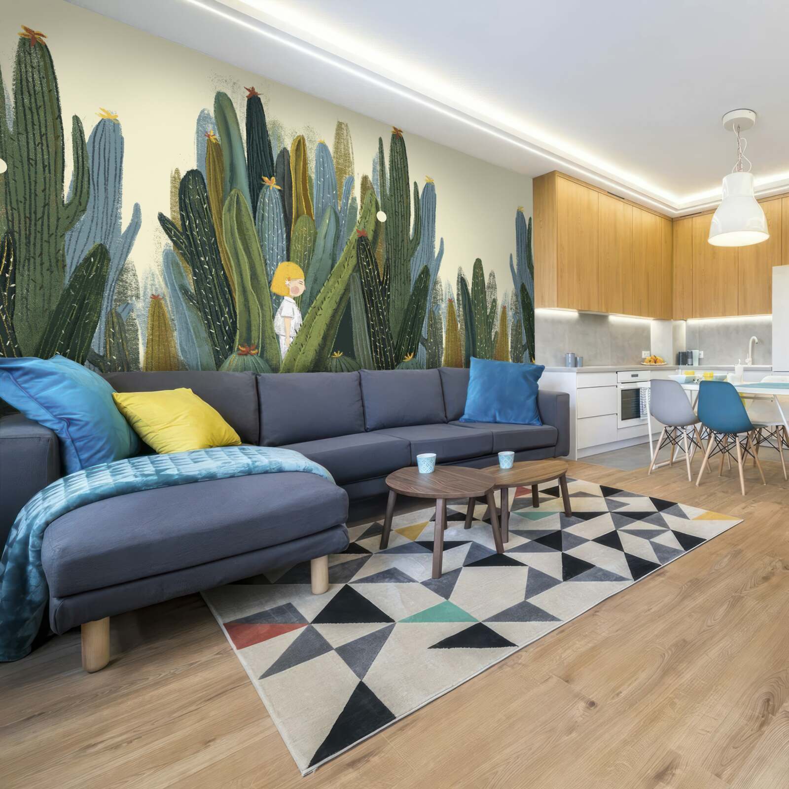 Fotobehang meisje met rood haar tussen de cactussen