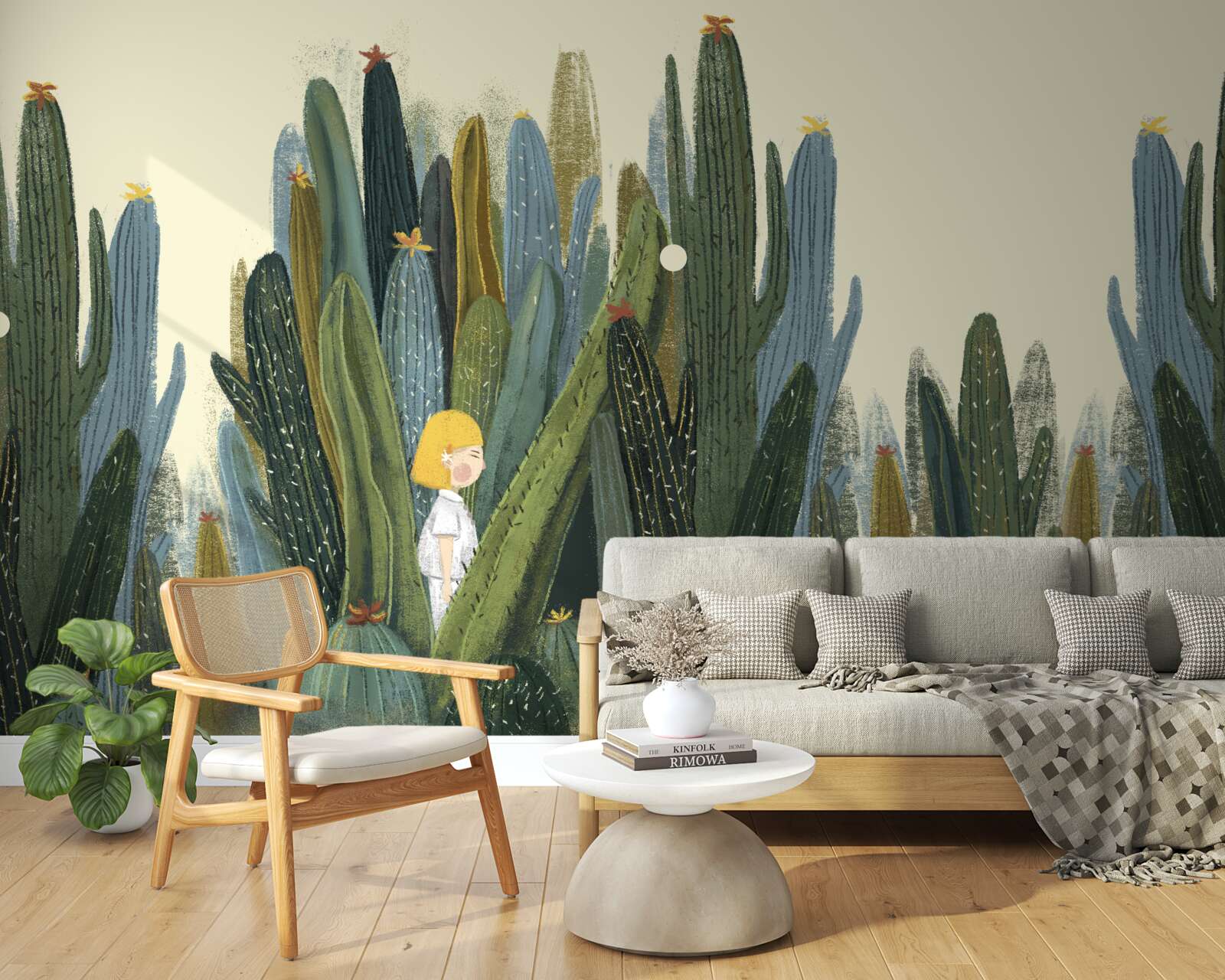 Fotobehang meisje met rood haar tussen de cactussen