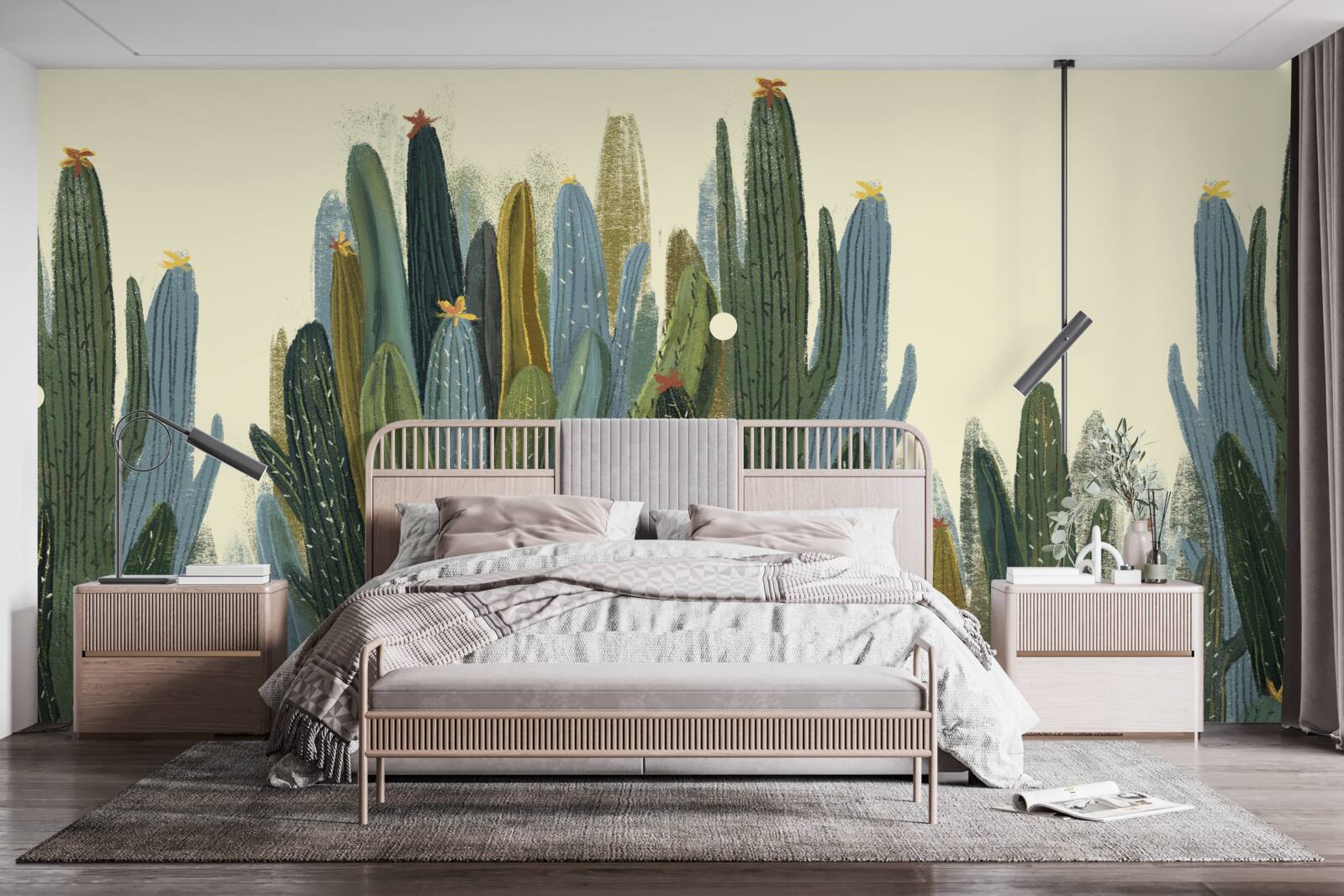 Fotobehang meisje met rood haar tussen de cactussen