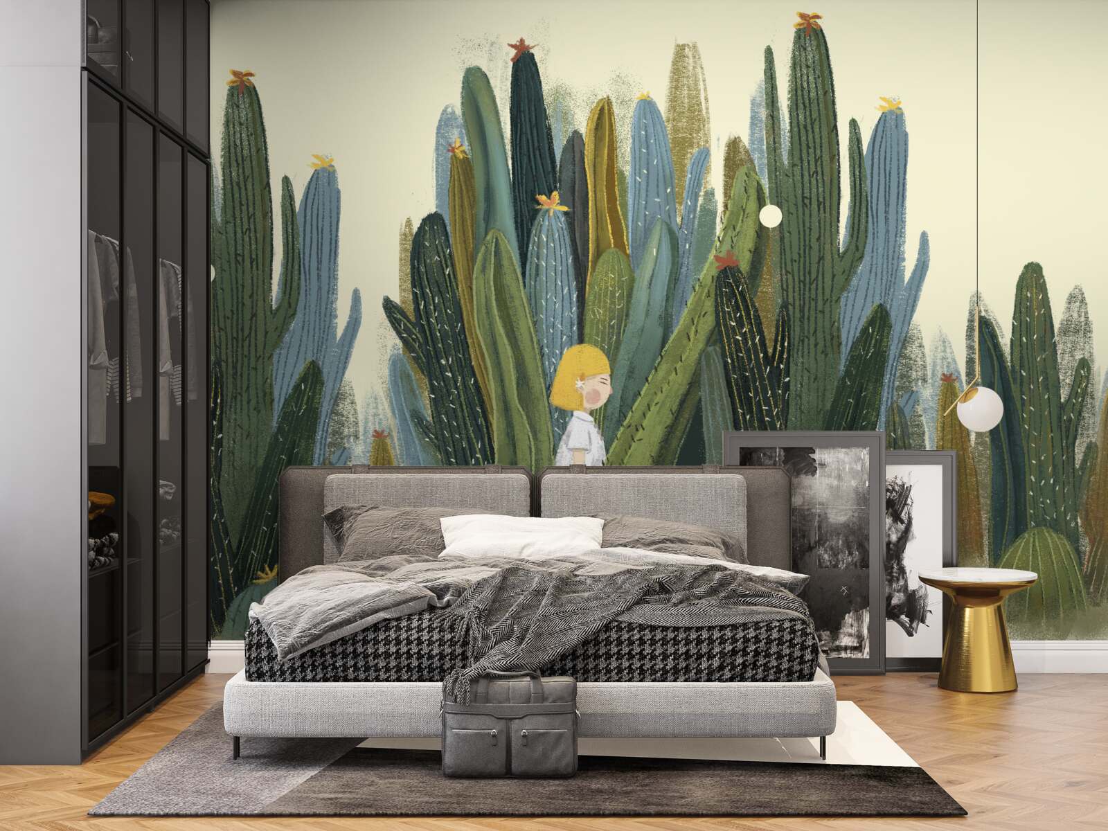 Fotobehang meisje met rood haar tussen de cactussen