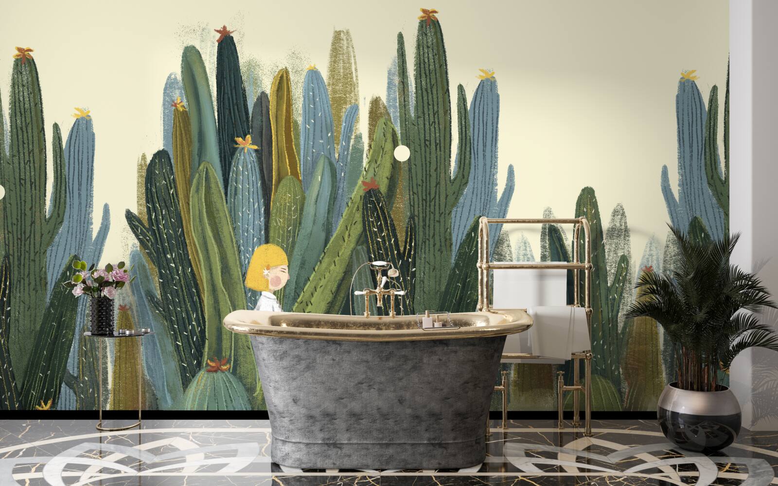 Fotobehang meisje met rood haar tussen de cactussen