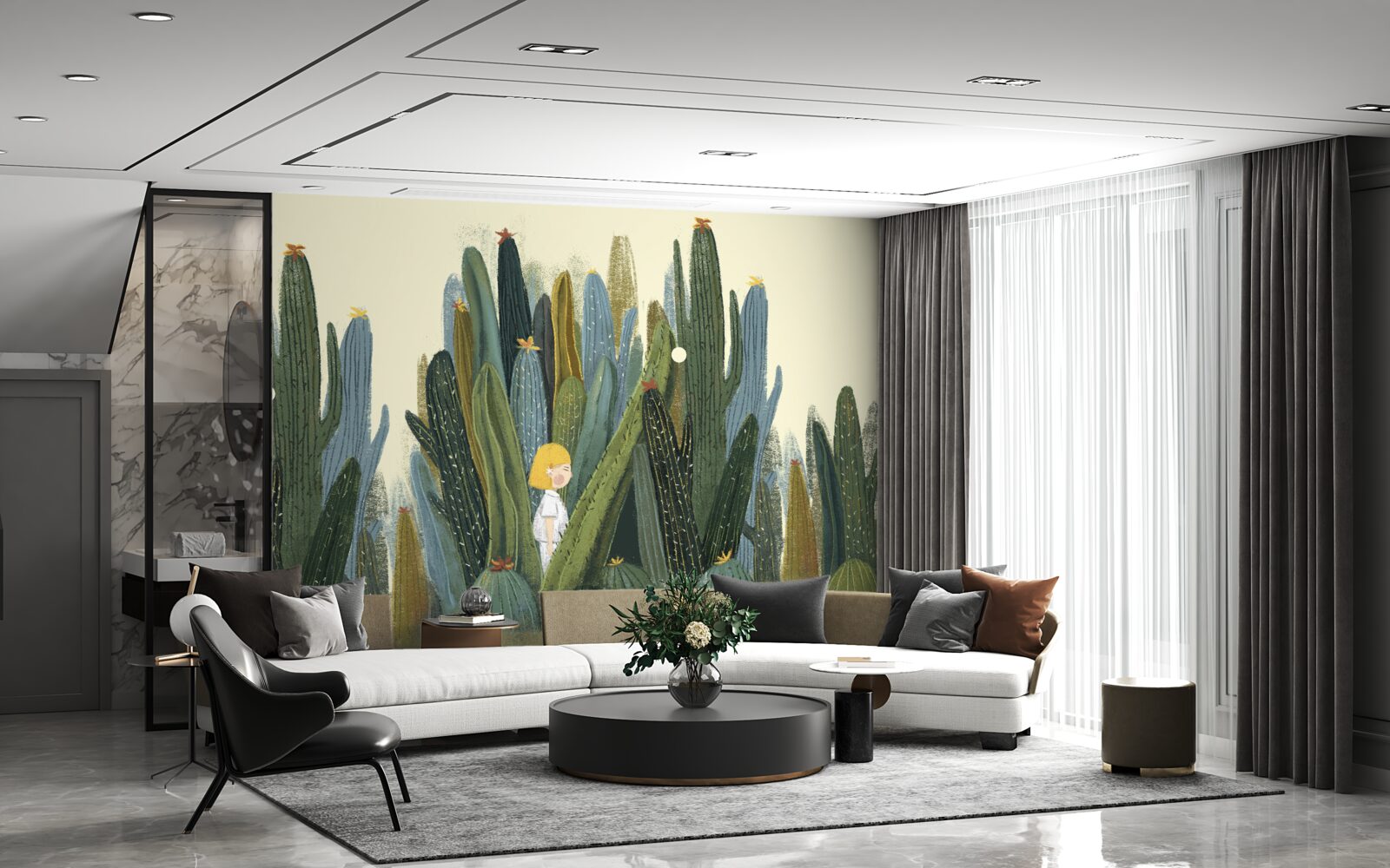 Fotobehang meisje met rood haar tussen de cactussen