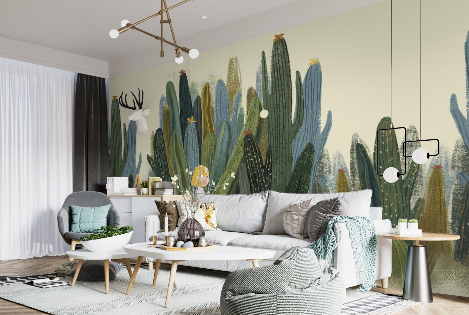 Fotobehang meisje met rood haar tussen de cactussen