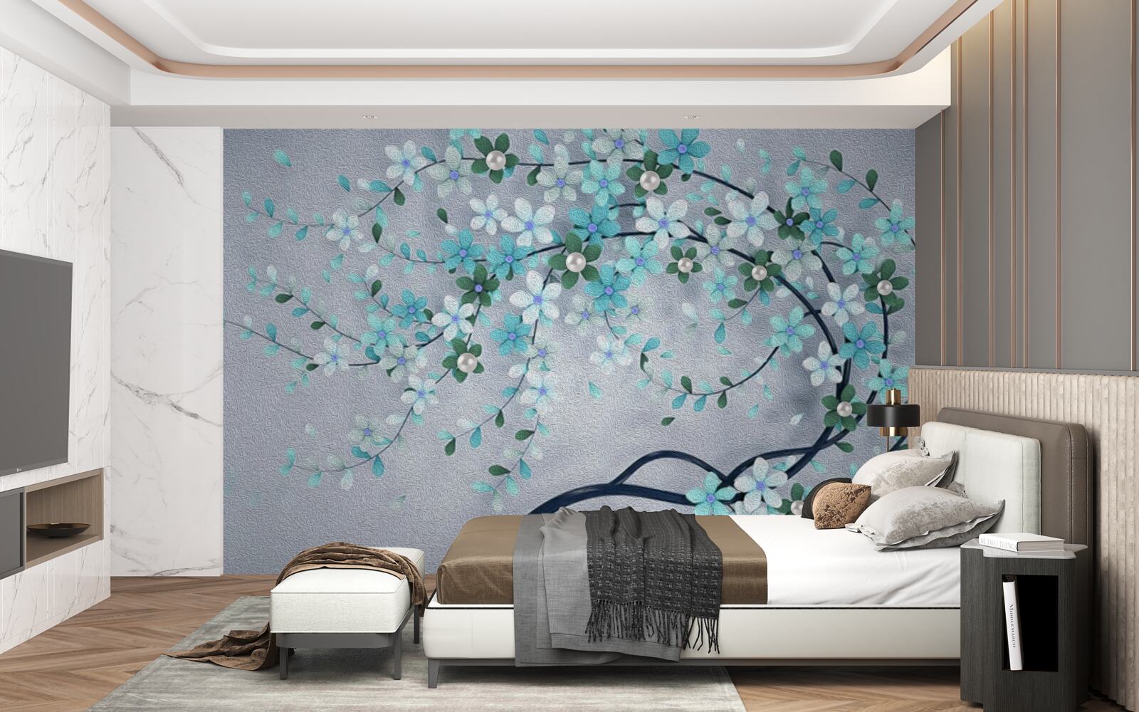 Fotobehang een boom die buigt onder het gewicht van kleine bloemen