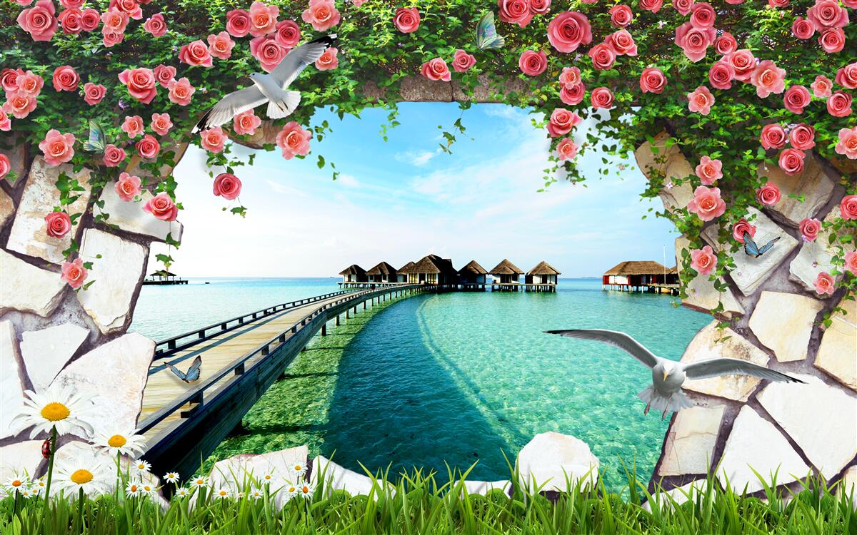 Fotobehang poort met uitzicht op de zeehaven