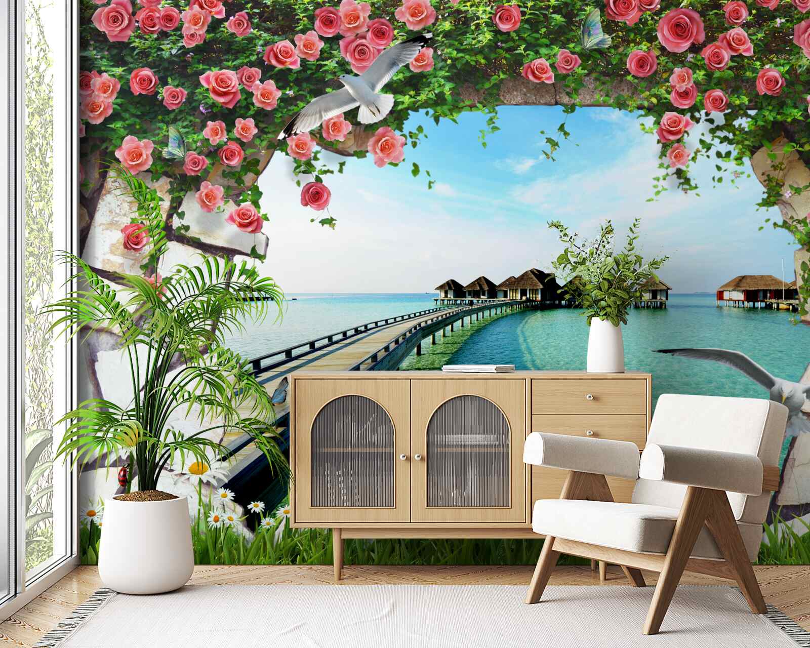 Fotobehang poort met uitzicht op de zeehaven