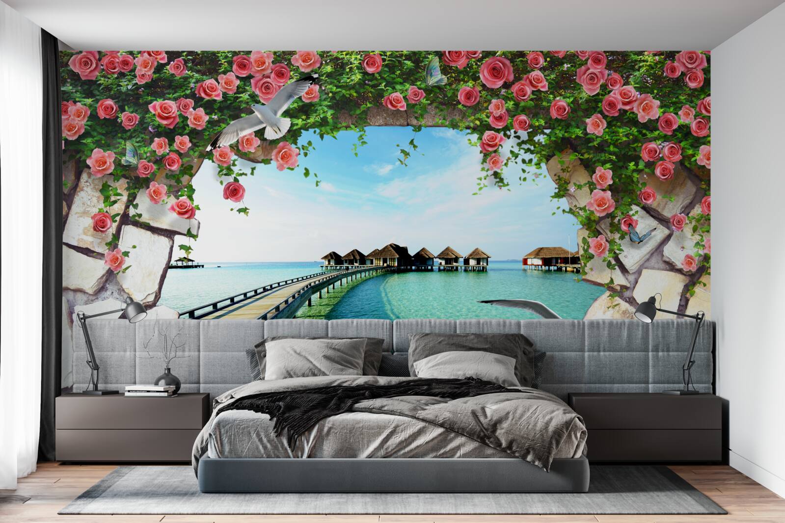 Fotobehang poort met uitzicht op de zeehaven