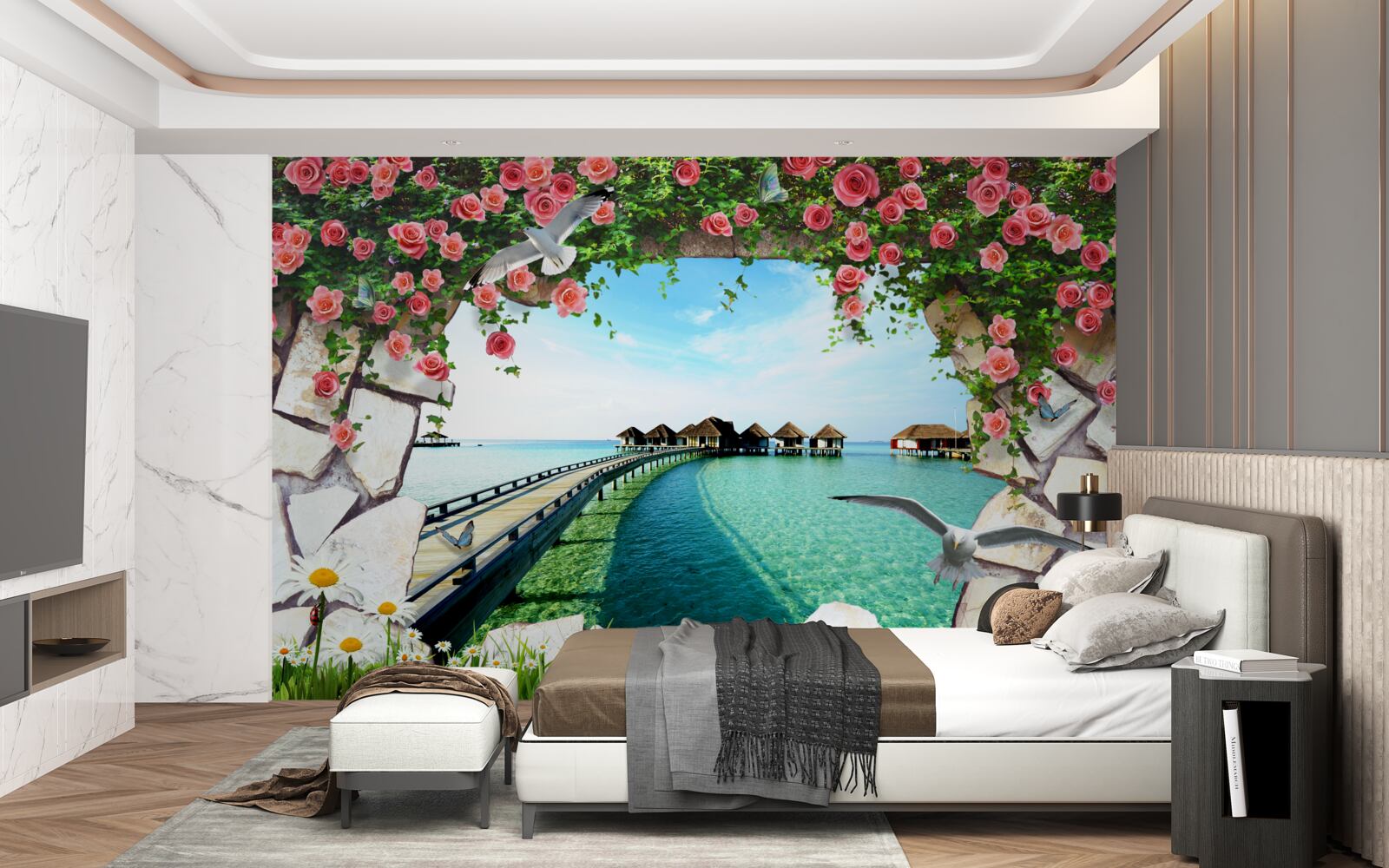 Fotobehang poort met uitzicht op de zeehaven