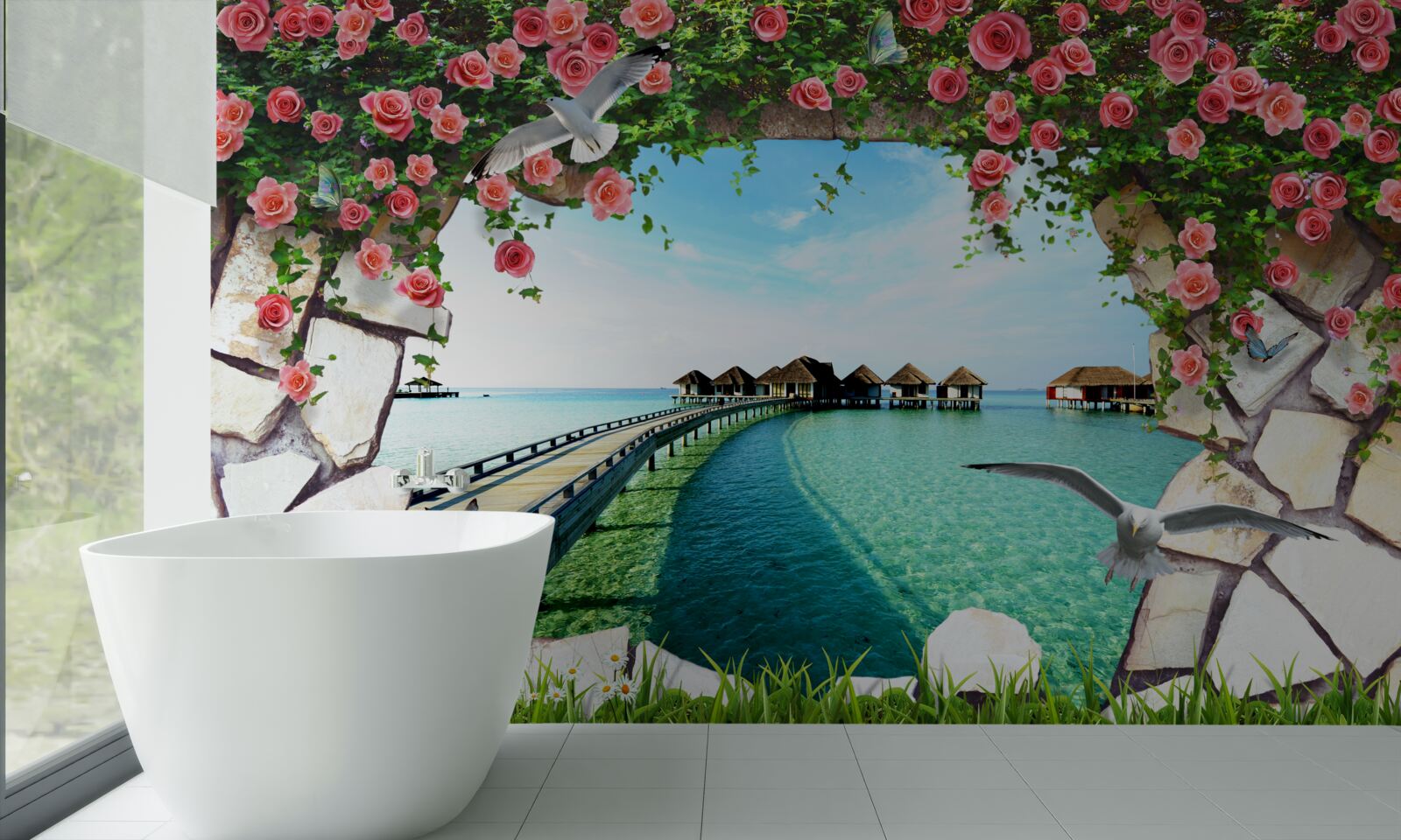 Fotobehang poort met uitzicht op de zeehaven