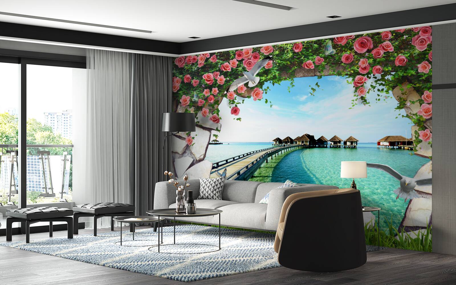 Fotobehang poort met uitzicht op de zeehaven