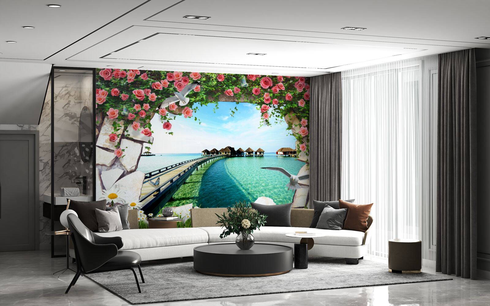 Fotobehang poort met uitzicht op de zeehaven