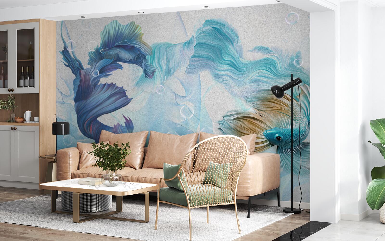 Fotobehang beeld van kleurrijke vissen zwemmend in water