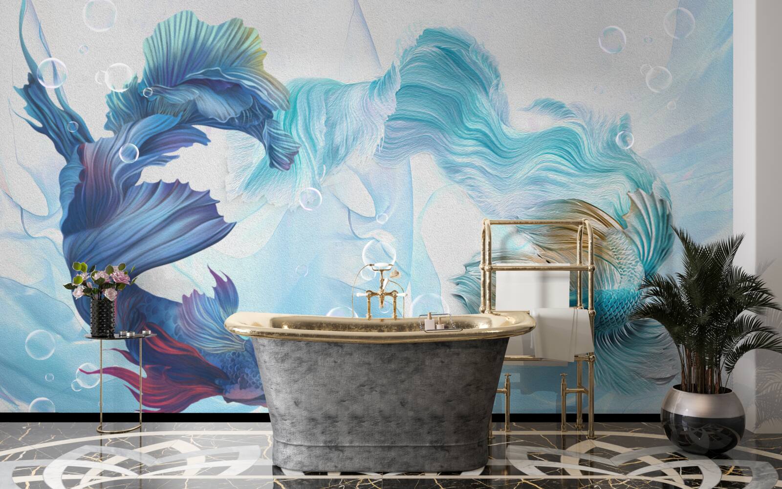 Fotobehang beeld van kleurrijke vissen zwemmend in water