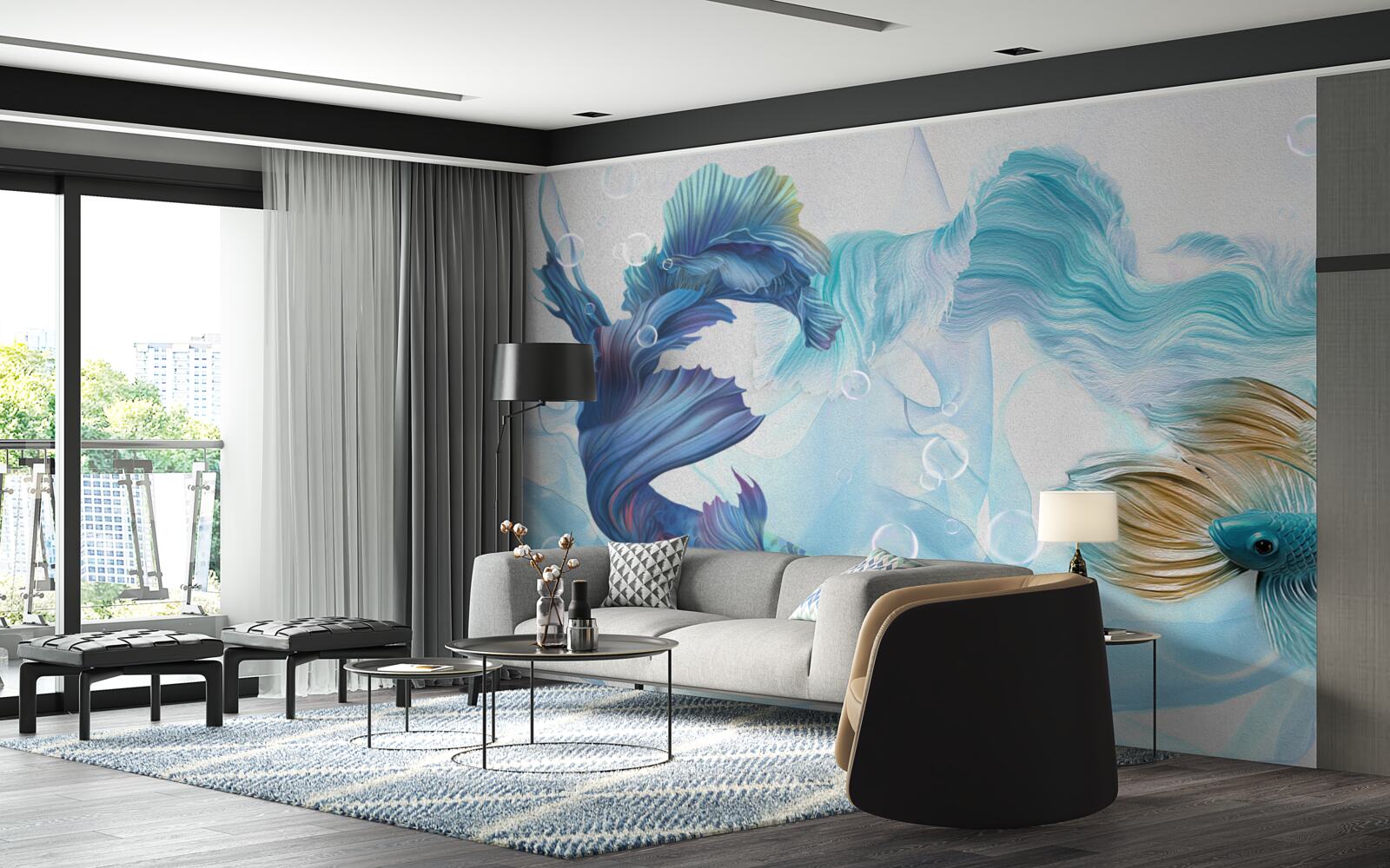 Fotobehang beeld van kleurrijke vissen zwemmend in water