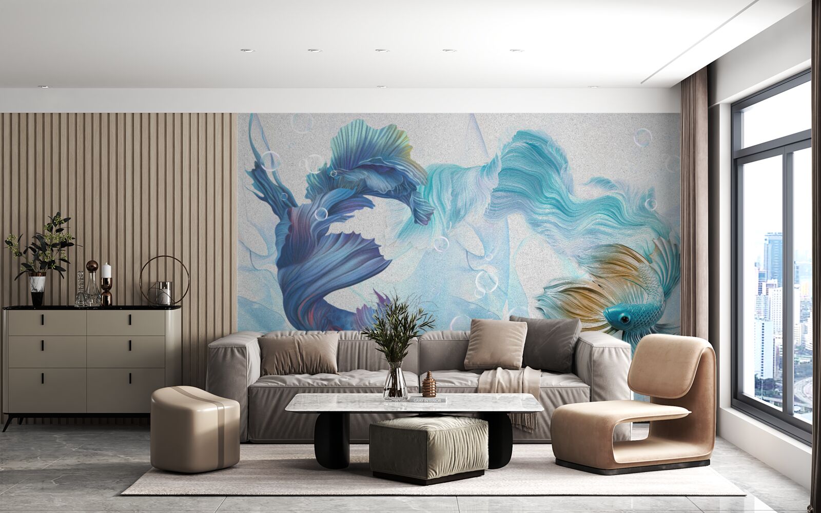 Fotobehang beeld van kleurrijke vissen zwemmend in water