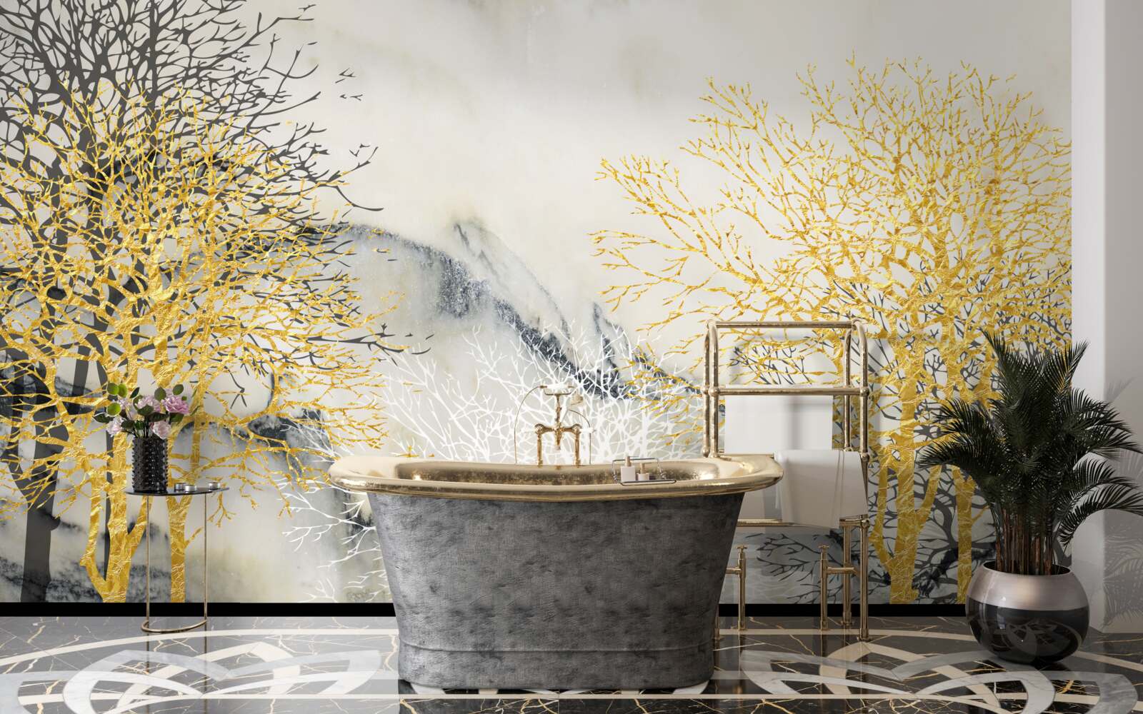 Fotobehang herfstbomen bedekt met goud