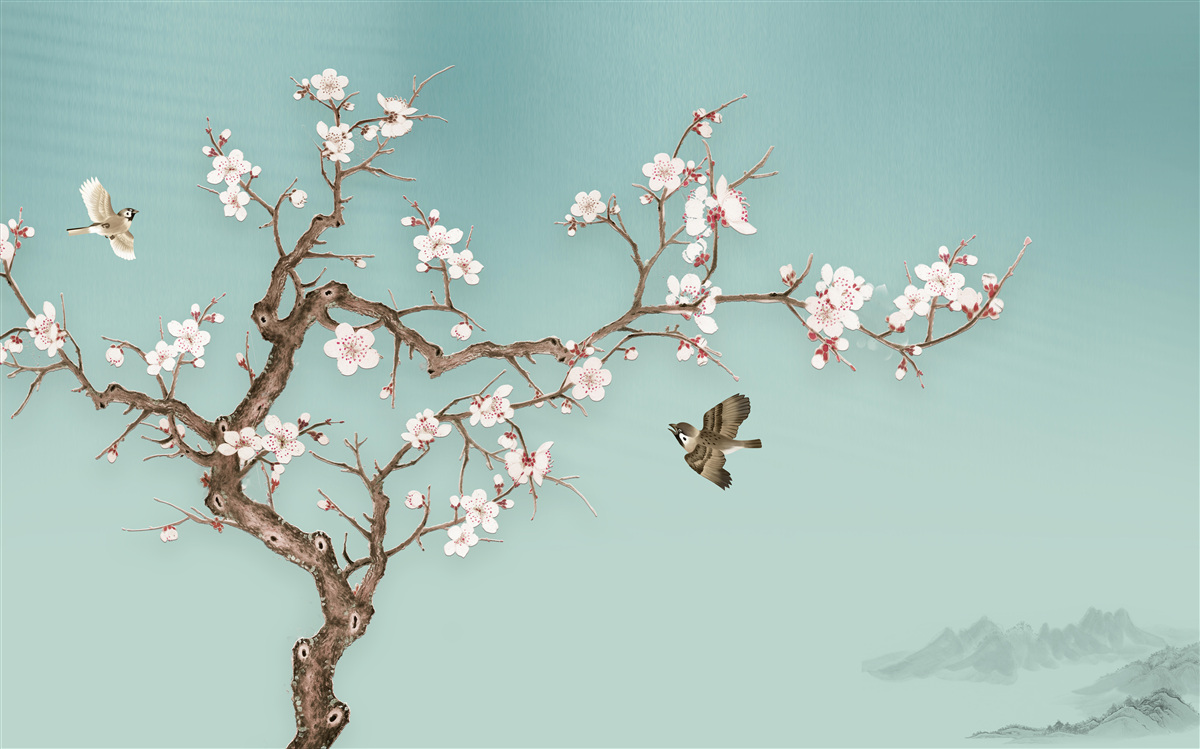 Fotobehang bomen met witte bloemen zijn een doelwit geworden voor vogelvluchten