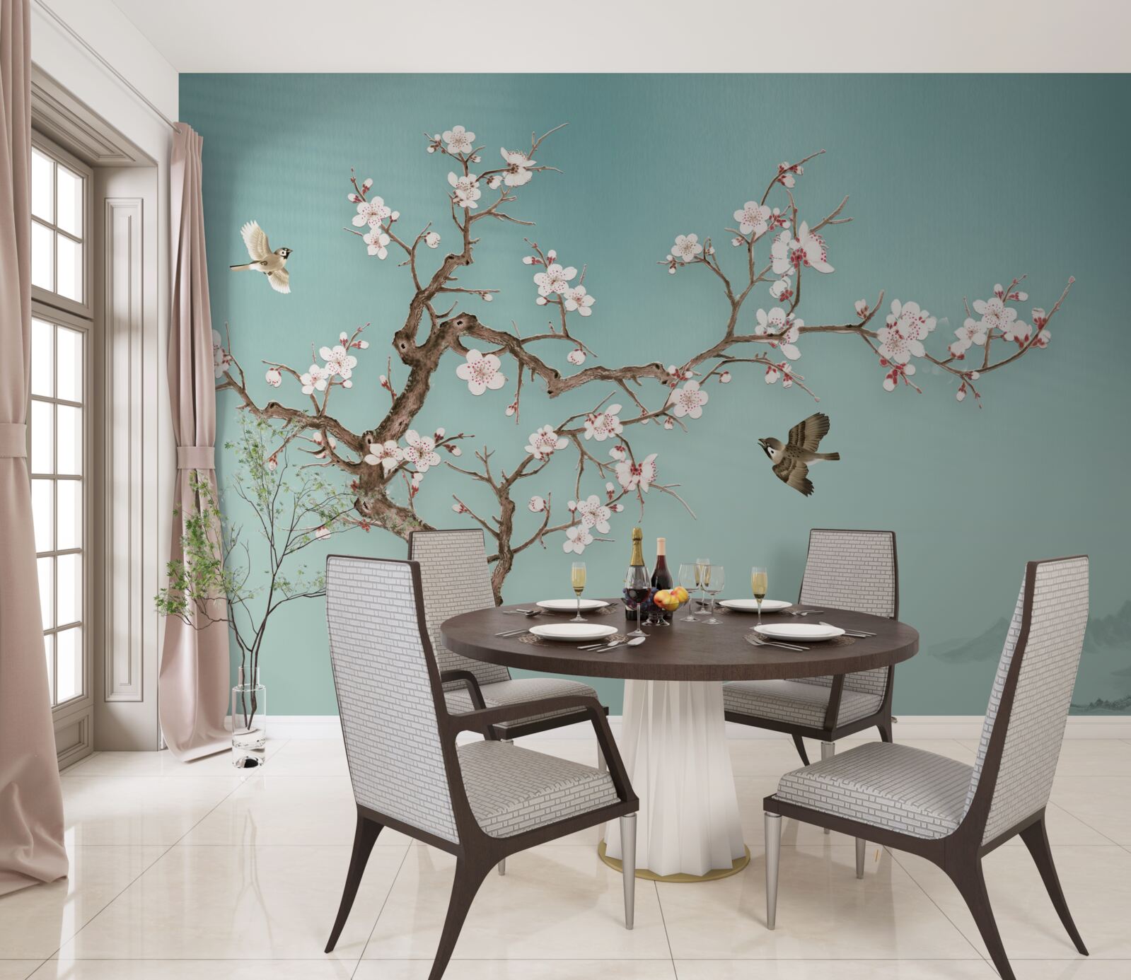 Fotobehang bomen met witte bloemen zijn een doelwit geworden voor vogelvluchten