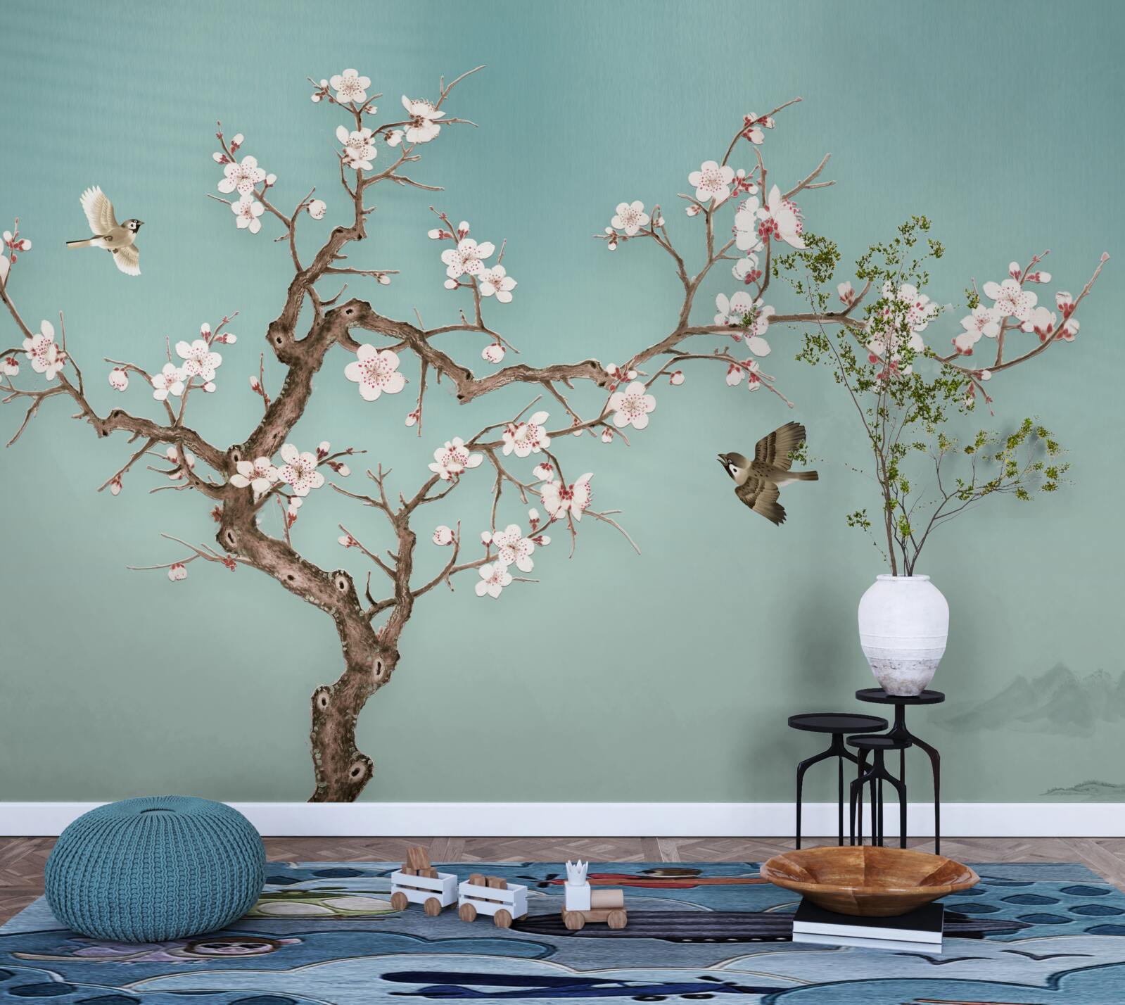 Fotobehang bomen met witte bloemen zijn een doelwit geworden voor vogelvluchten