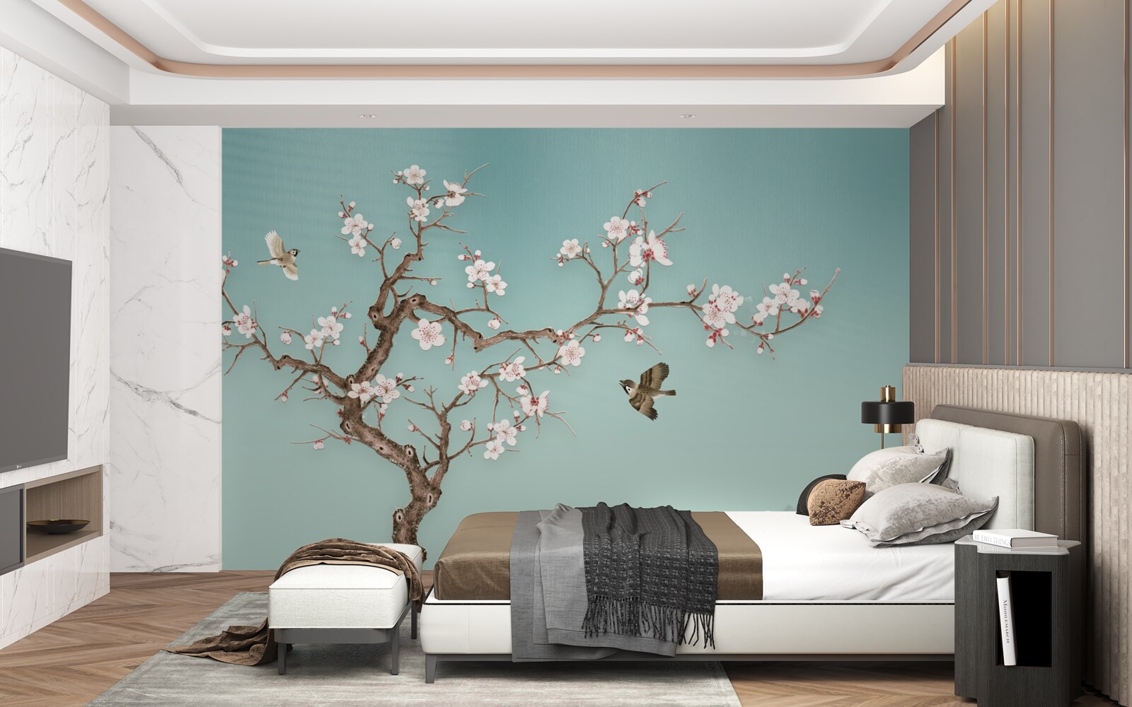 Fotobehang bomen met witte bloemen zijn een doelwit geworden voor vogelvluchten