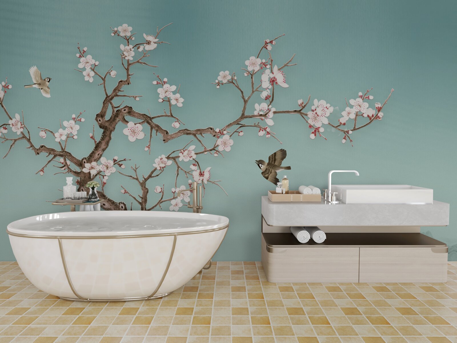 Fotobehang bomen met witte bloemen zijn een doelwit geworden voor vogelvluchten