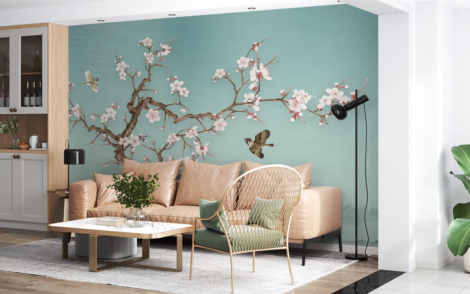 Fotobehang bomen met witte bloemen zijn een doelwit geworden voor vogelvluchten