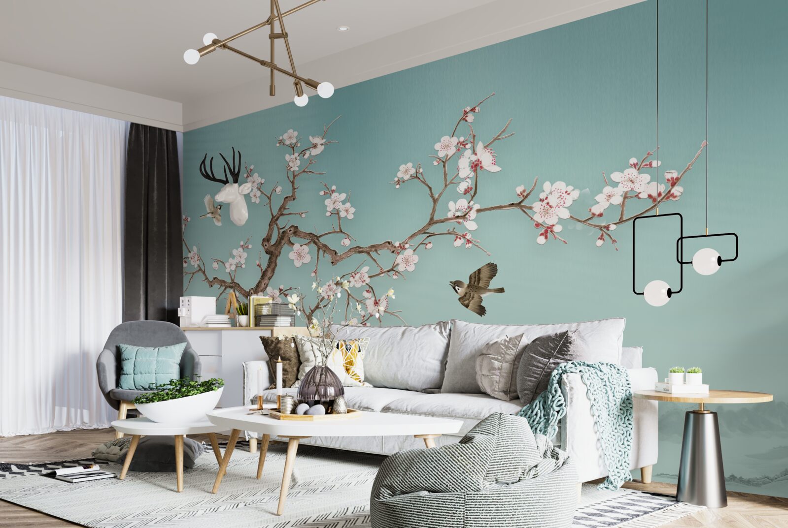 Fotobehang bomen met witte bloemen zijn een doelwit geworden voor vogelvluchten