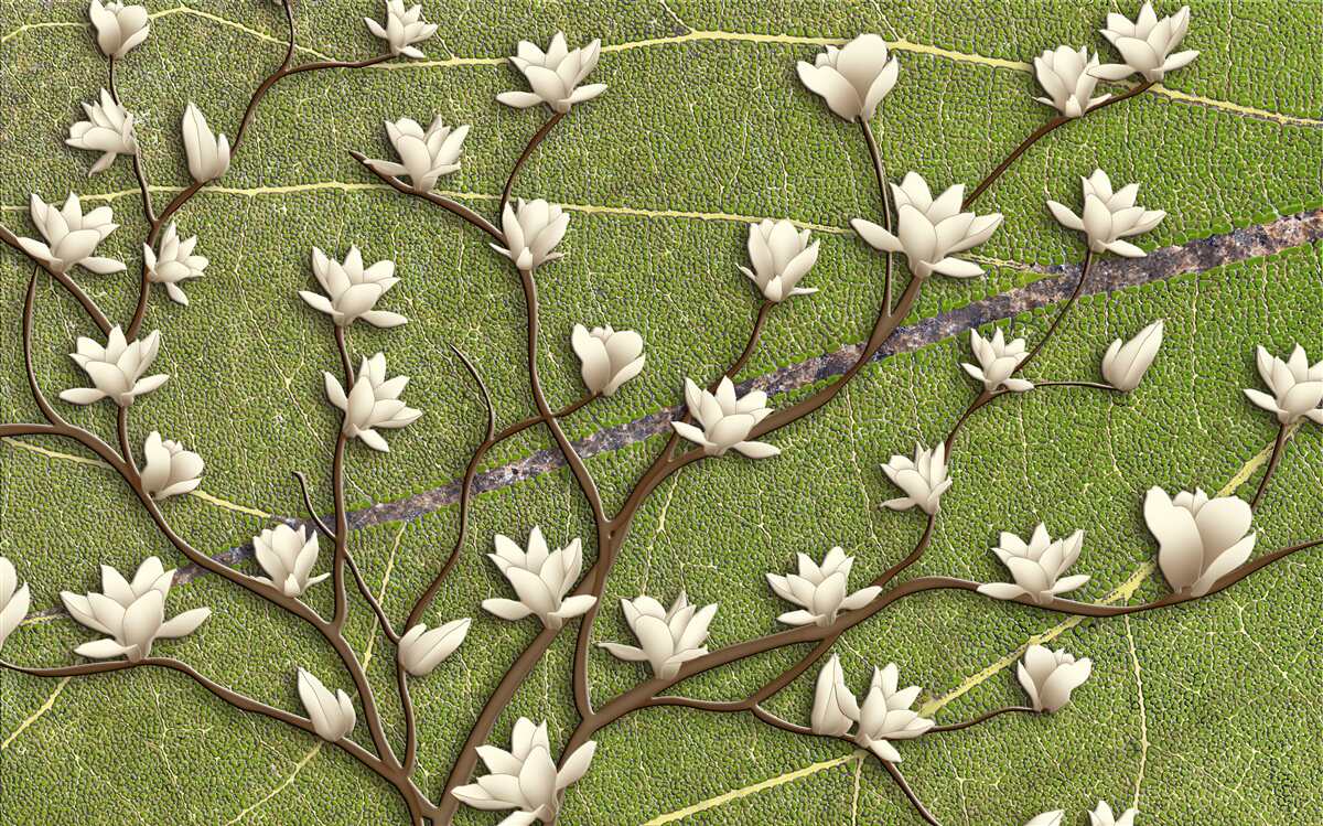 Fotobehang Sneeuwwitte magnolia takken op een groene achtergrond