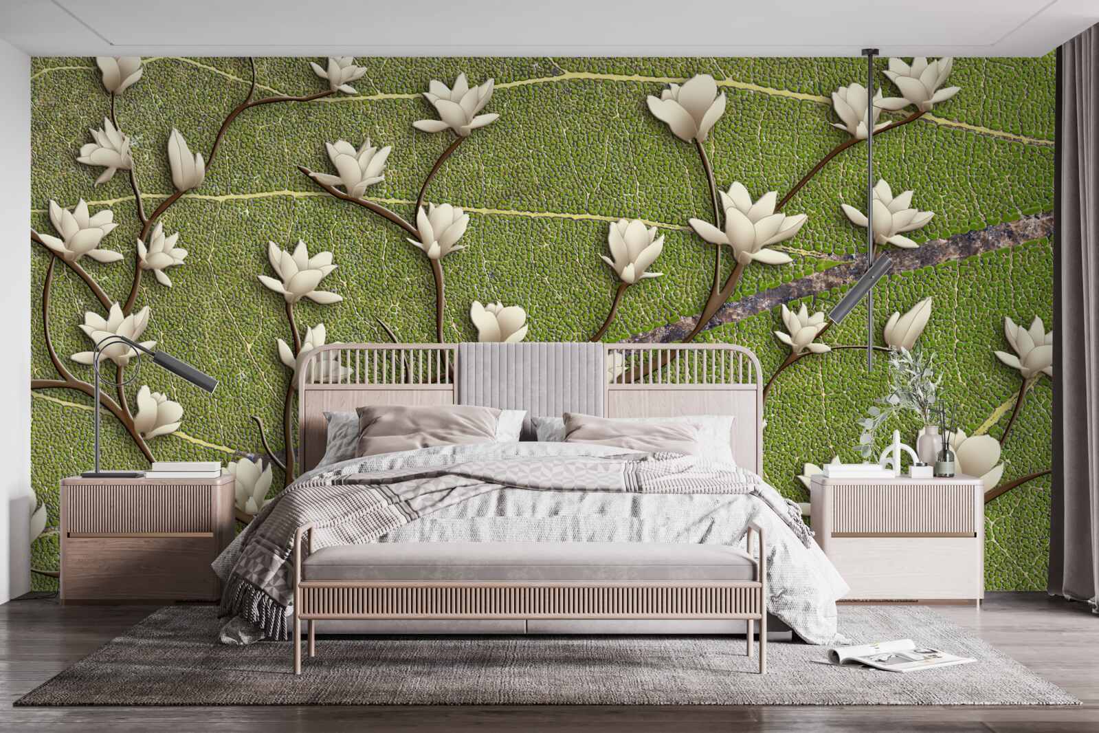 Fotobehang Sneeuwwitte magnolia takken op een groene achtergrond