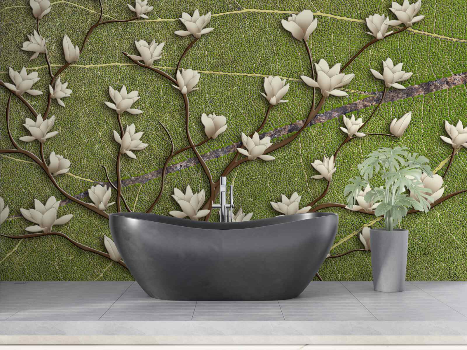 Fotobehang Sneeuwwitte magnolia takken op een groene achtergrond