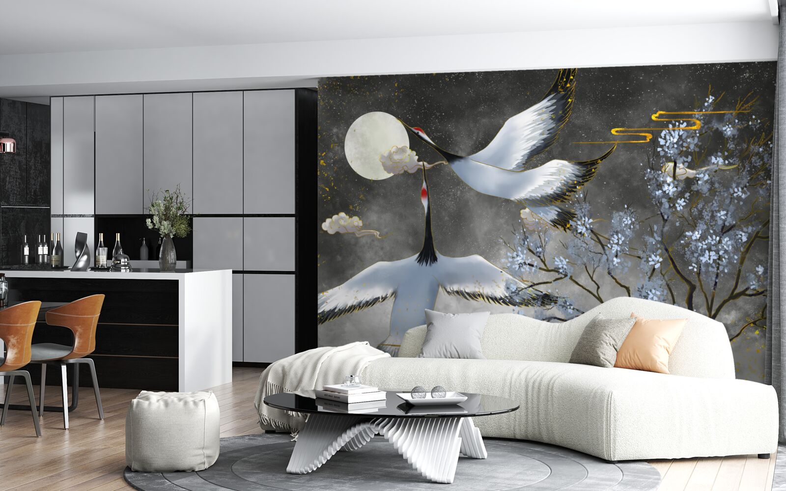 Fotobehang de maan verwelkomt de kraanvogels