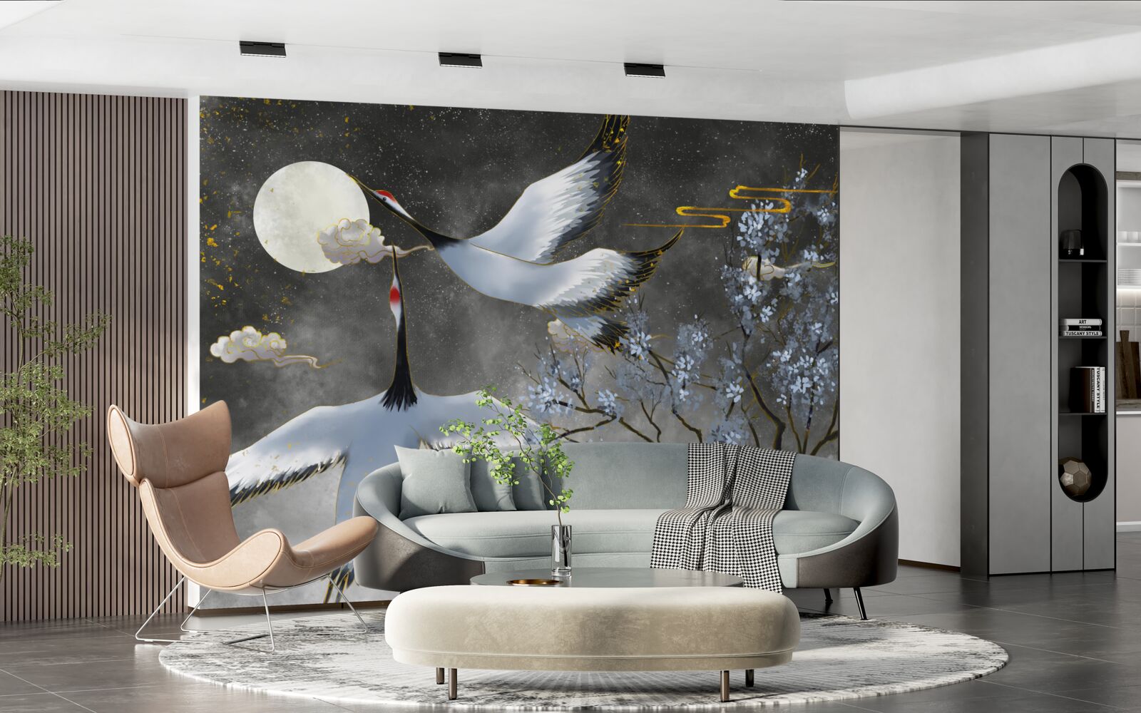 Fotobehang de maan verwelkomt de kraanvogels