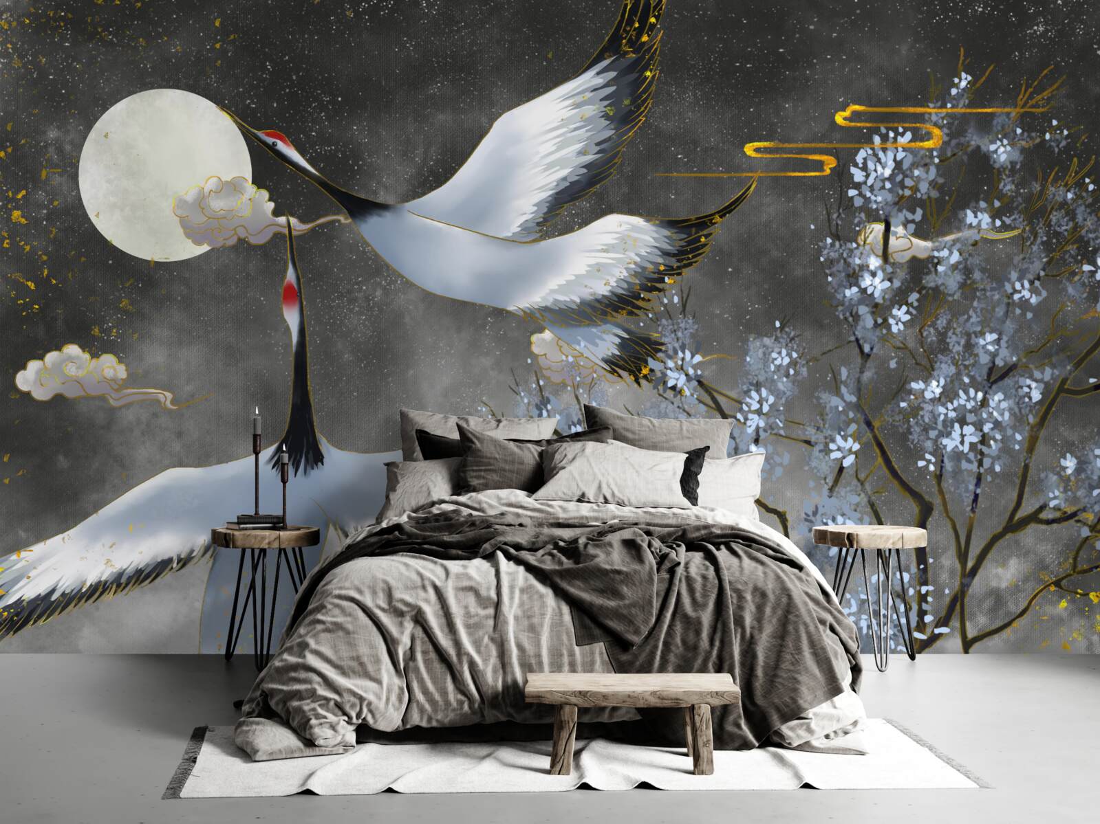 Fotobehang de maan verwelkomt de kraanvogels