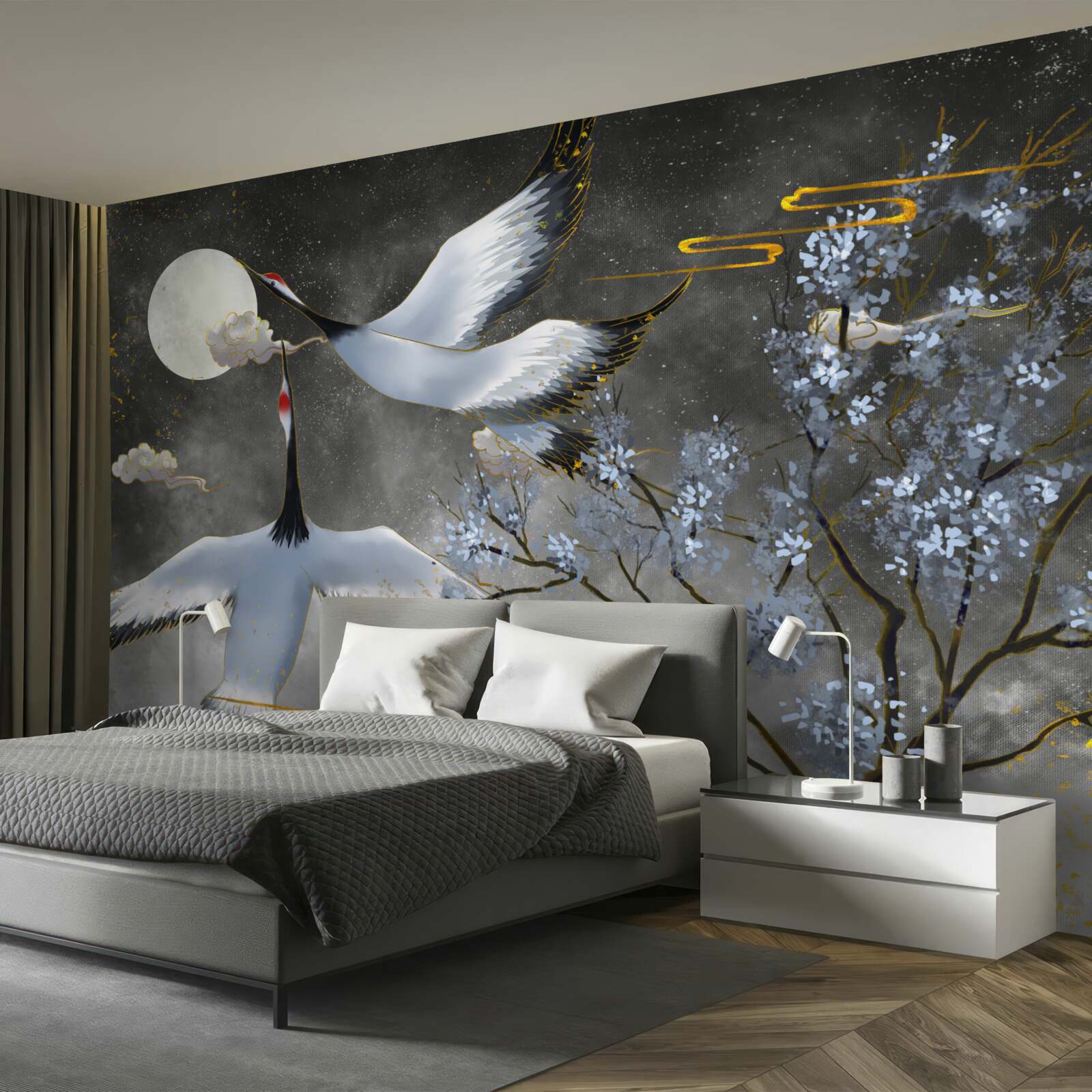 Fotobehang de maan verwelkomt de kraanvogels