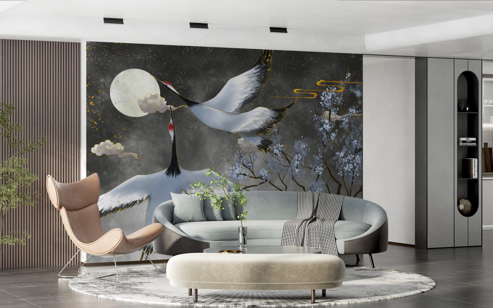 Fotobehang de maan verwelkomt de kraanvogels