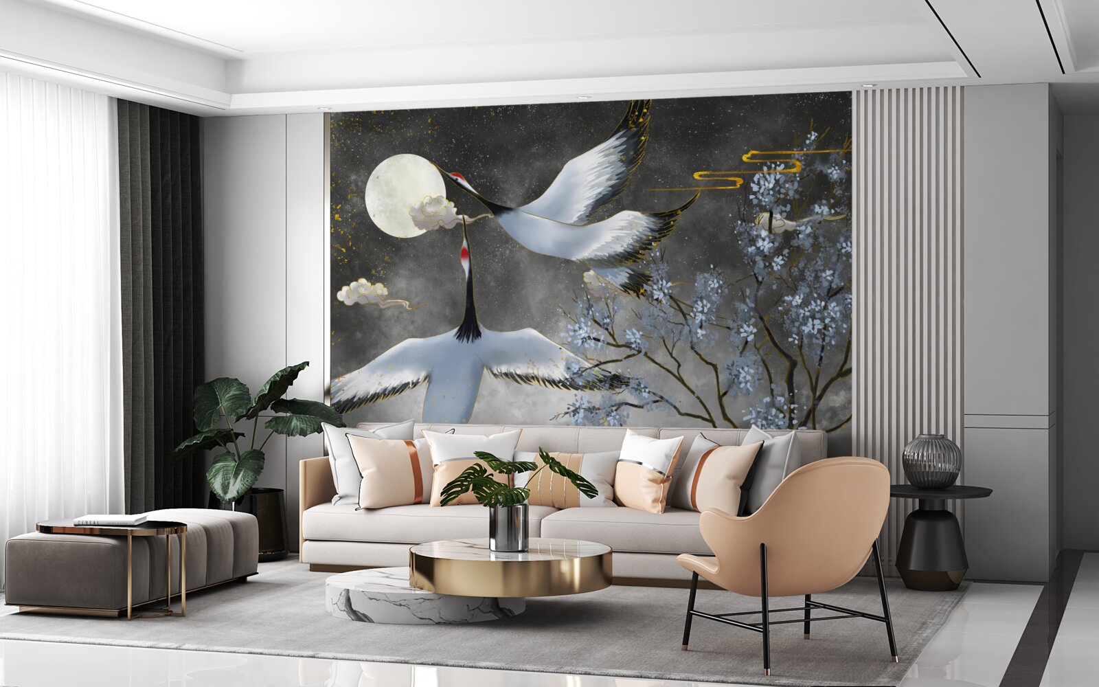 Fotobehang de maan verwelkomt de kraanvogels