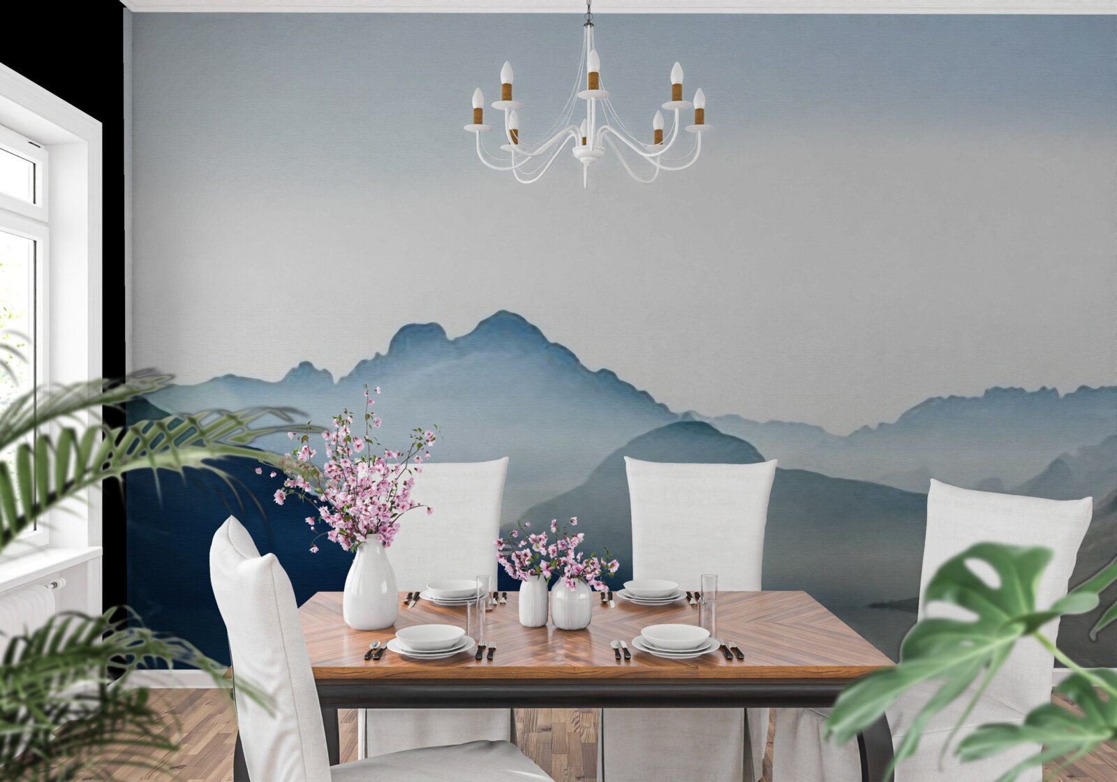 Fotobehang mistige spiegelvlekken in aquarel in de bergen