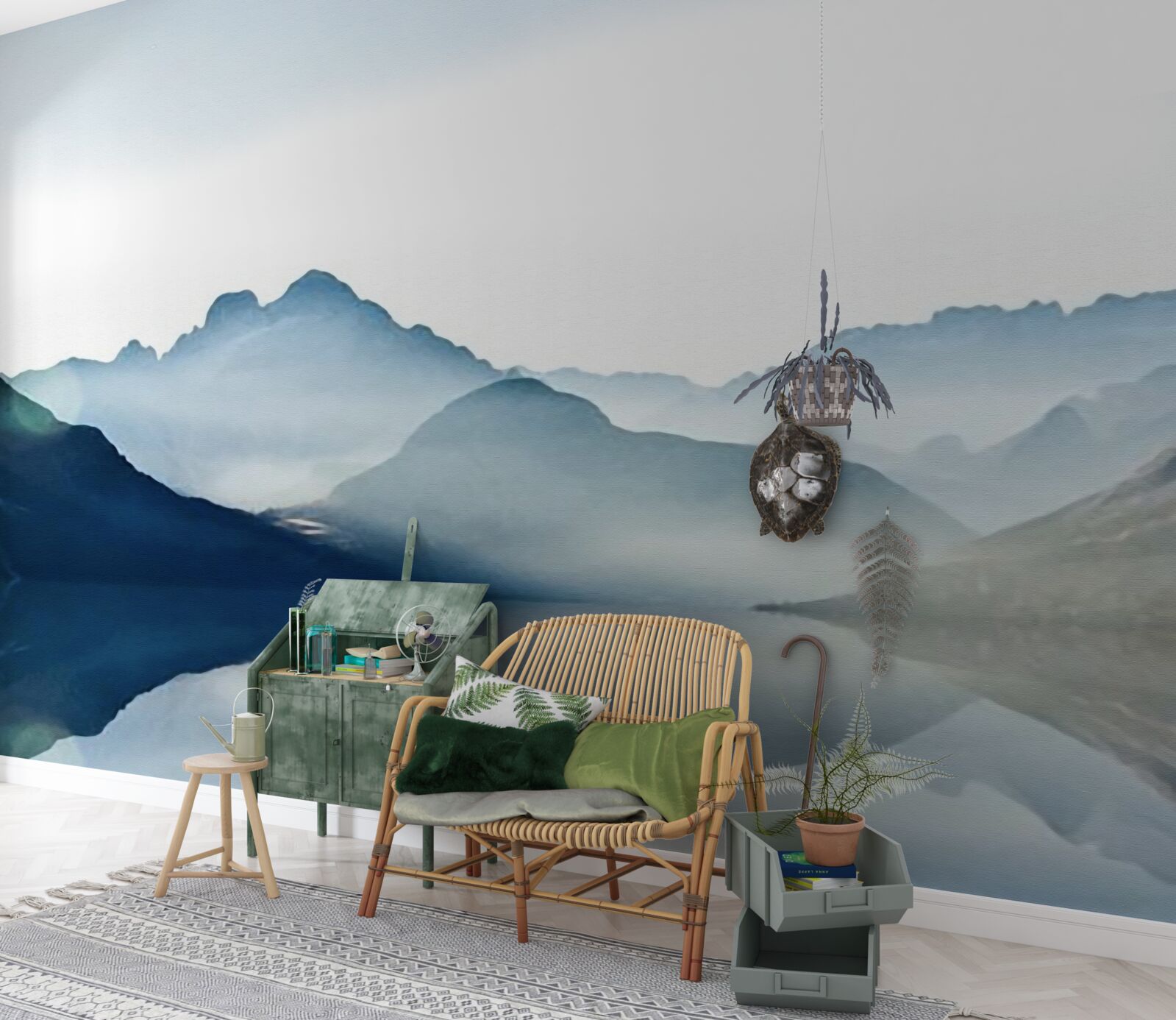 Fotobehang mistige spiegelvlekken in aquarel in de bergen