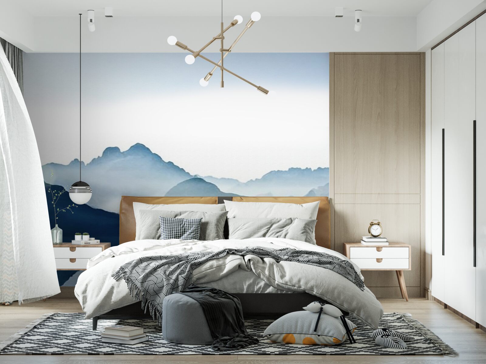 Fotobehang mistige spiegelvlekken in aquarel in de bergen