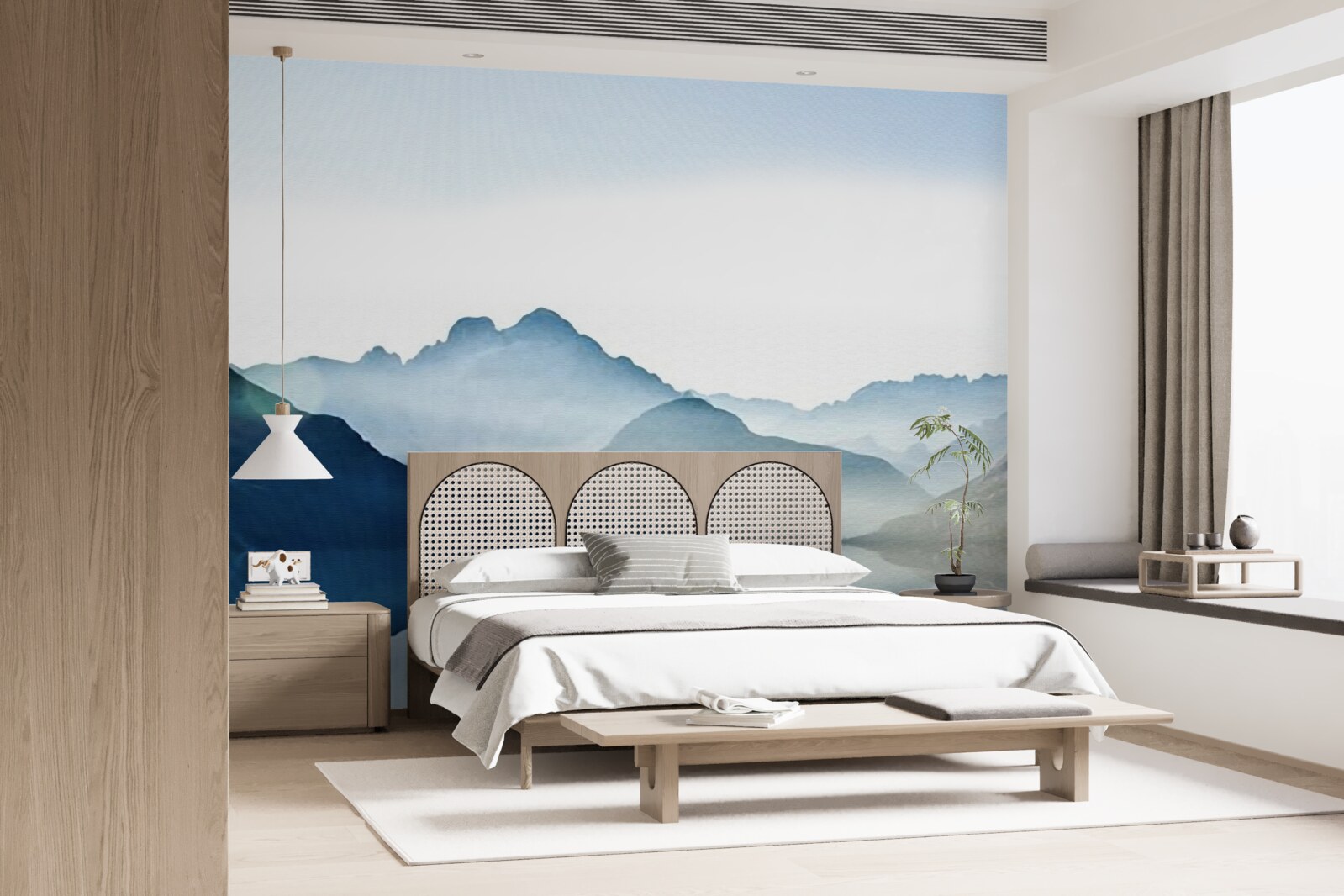 Fotobehang mistige spiegelvlekken in aquarel in de bergen