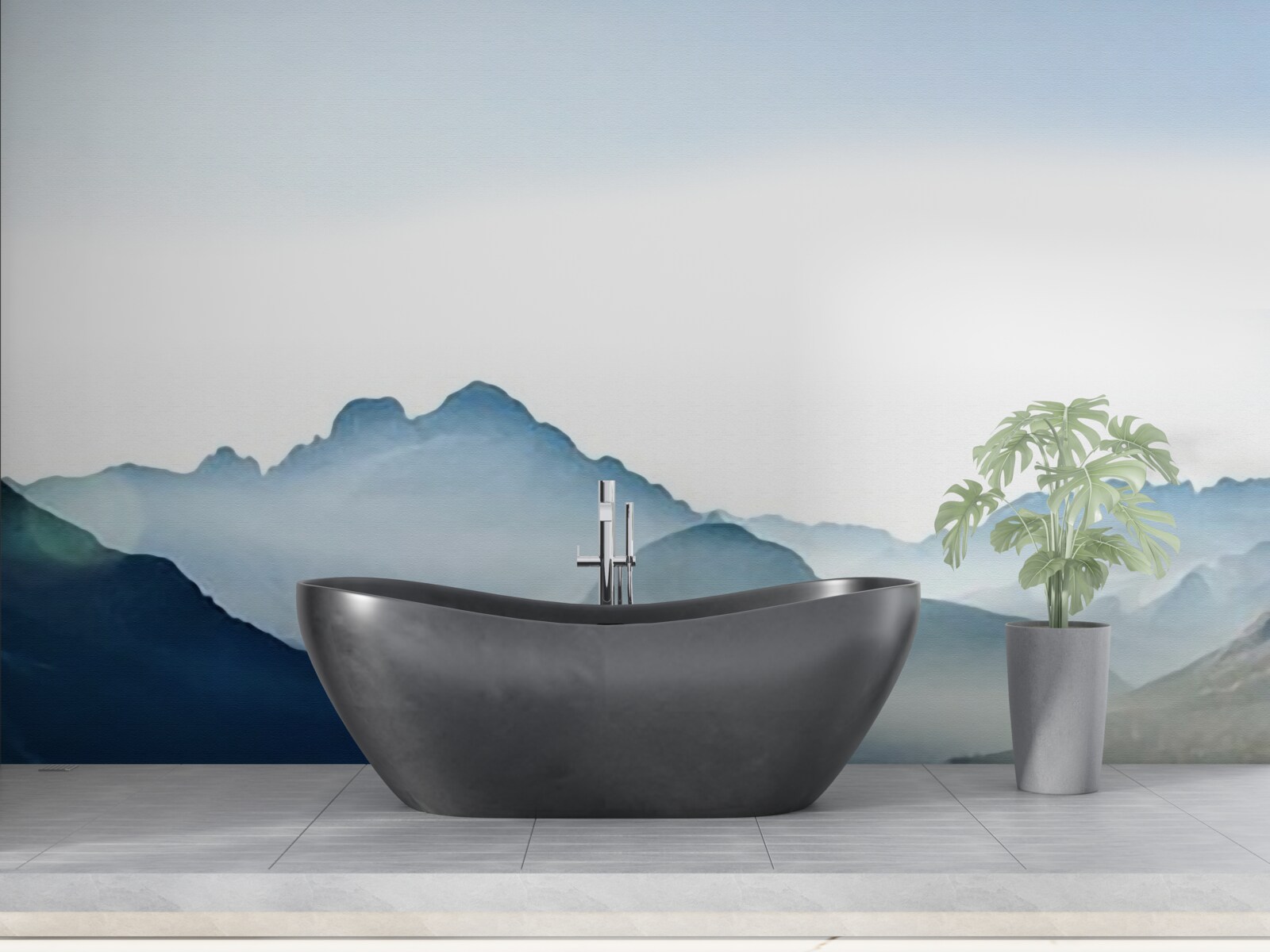 Fotobehang mistige spiegelvlekken in aquarel in de bergen