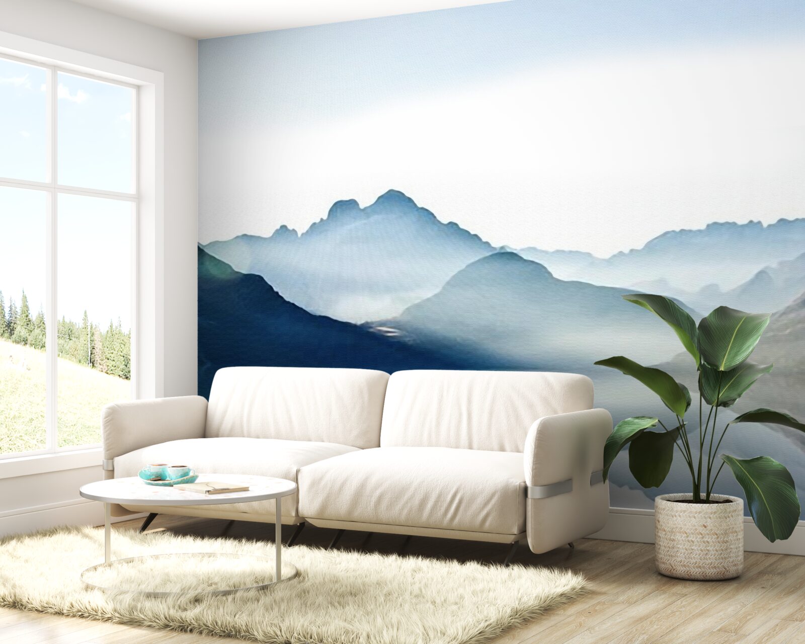 Fotobehang mistige spiegelvlekken in aquarel in de bergen