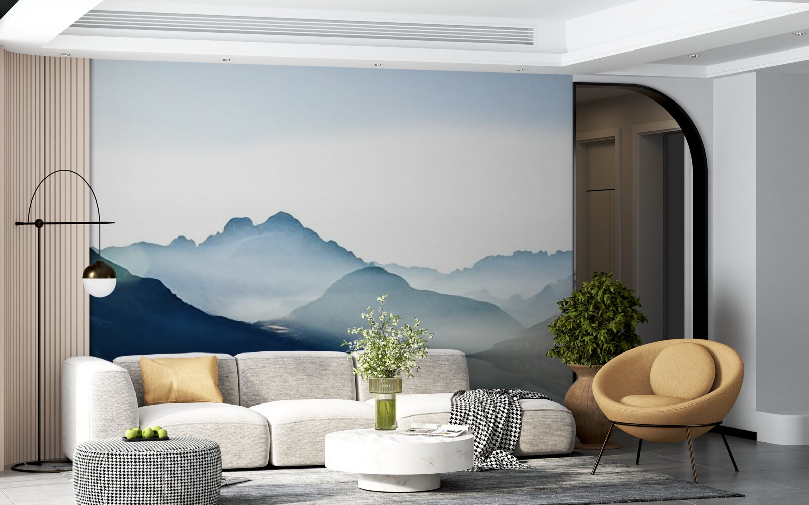 Fotobehang mistige spiegelvlekken in aquarel in de bergen