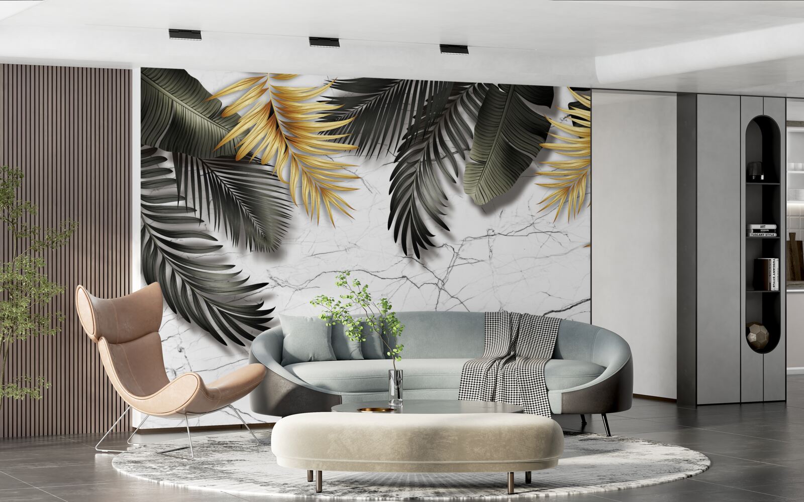 Fotobehang het marmer is versierd met gouden en zwarte palmbladeren
