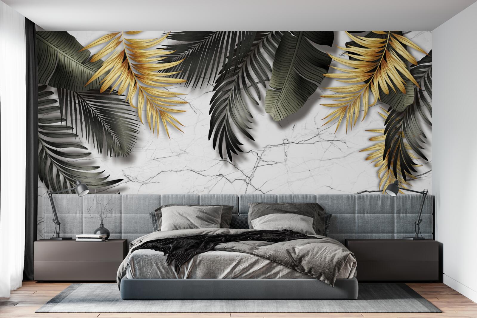 Fotobehang het marmer is versierd met gouden en zwarte palmbladeren