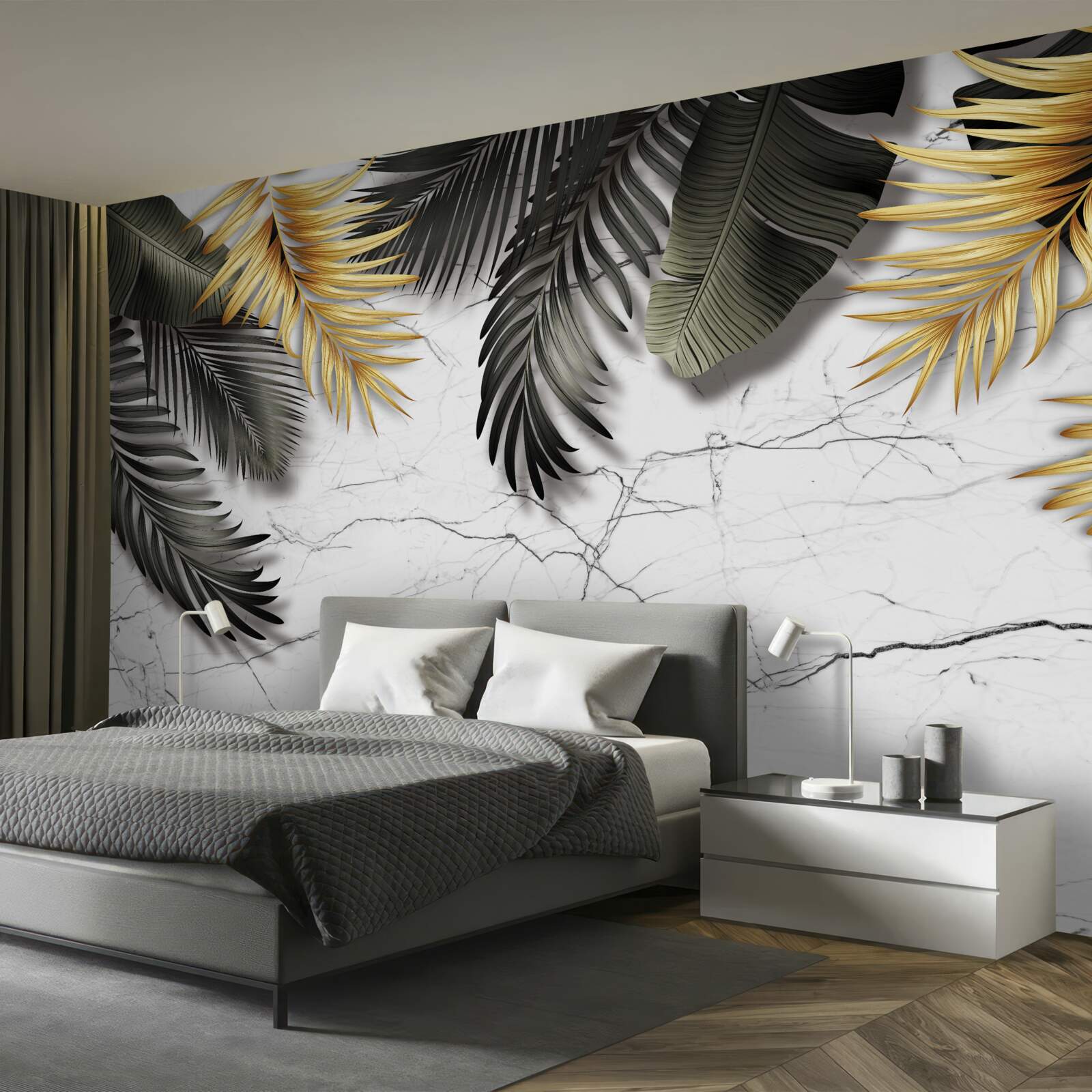 Fotobehang het marmer is versierd met gouden en zwarte palmbladeren