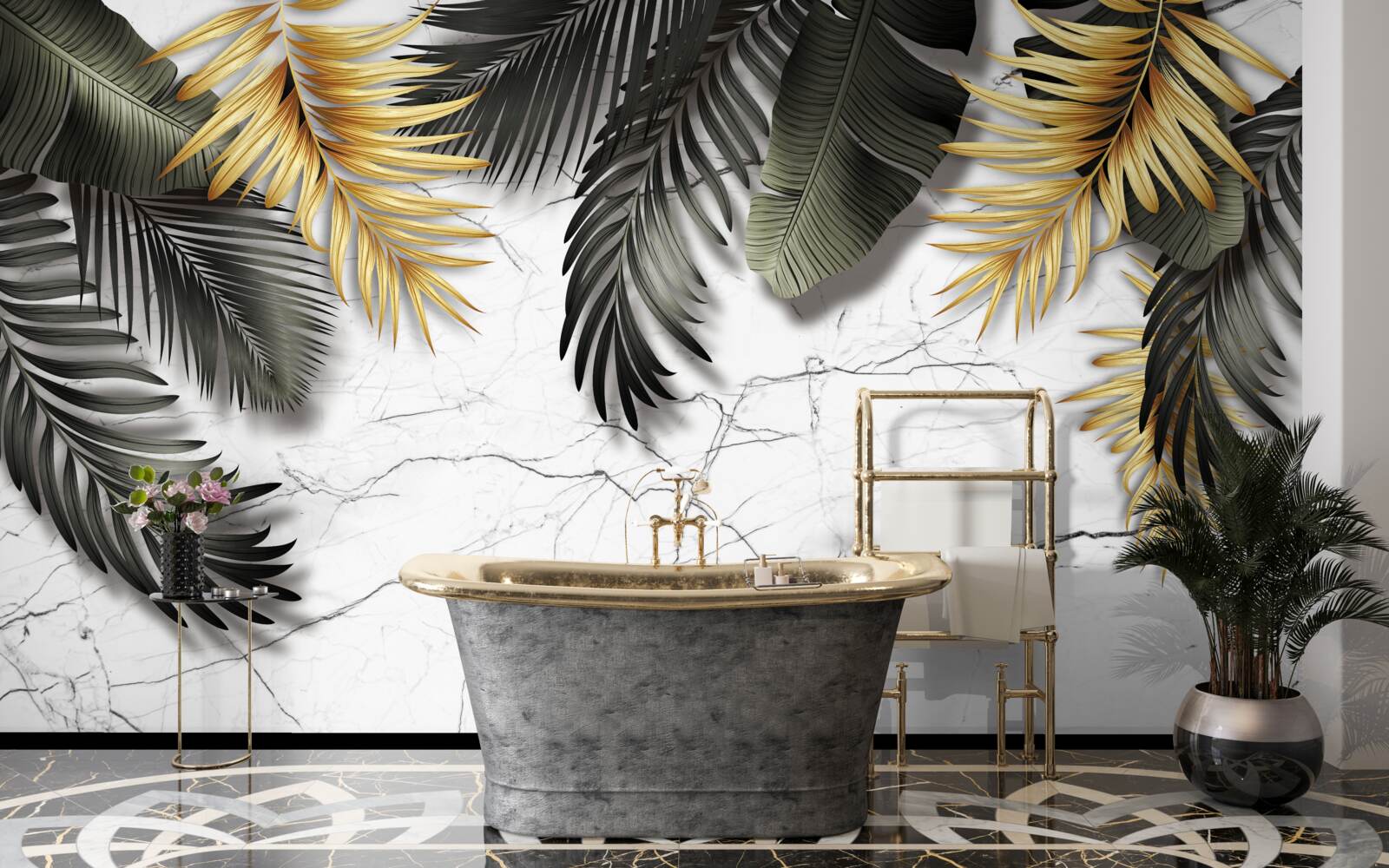 Fotobehang het marmer is versierd met gouden en zwarte palmbladeren